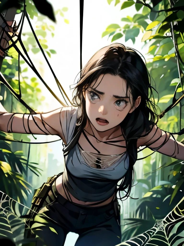 highest quality、A woman with her black hair tied up、slim body shape、lara croft、small breasts、trapped in a spider&#39;s web、I can&#39;t move、expression of agony、a spider&#39;s web is spread、in the forest