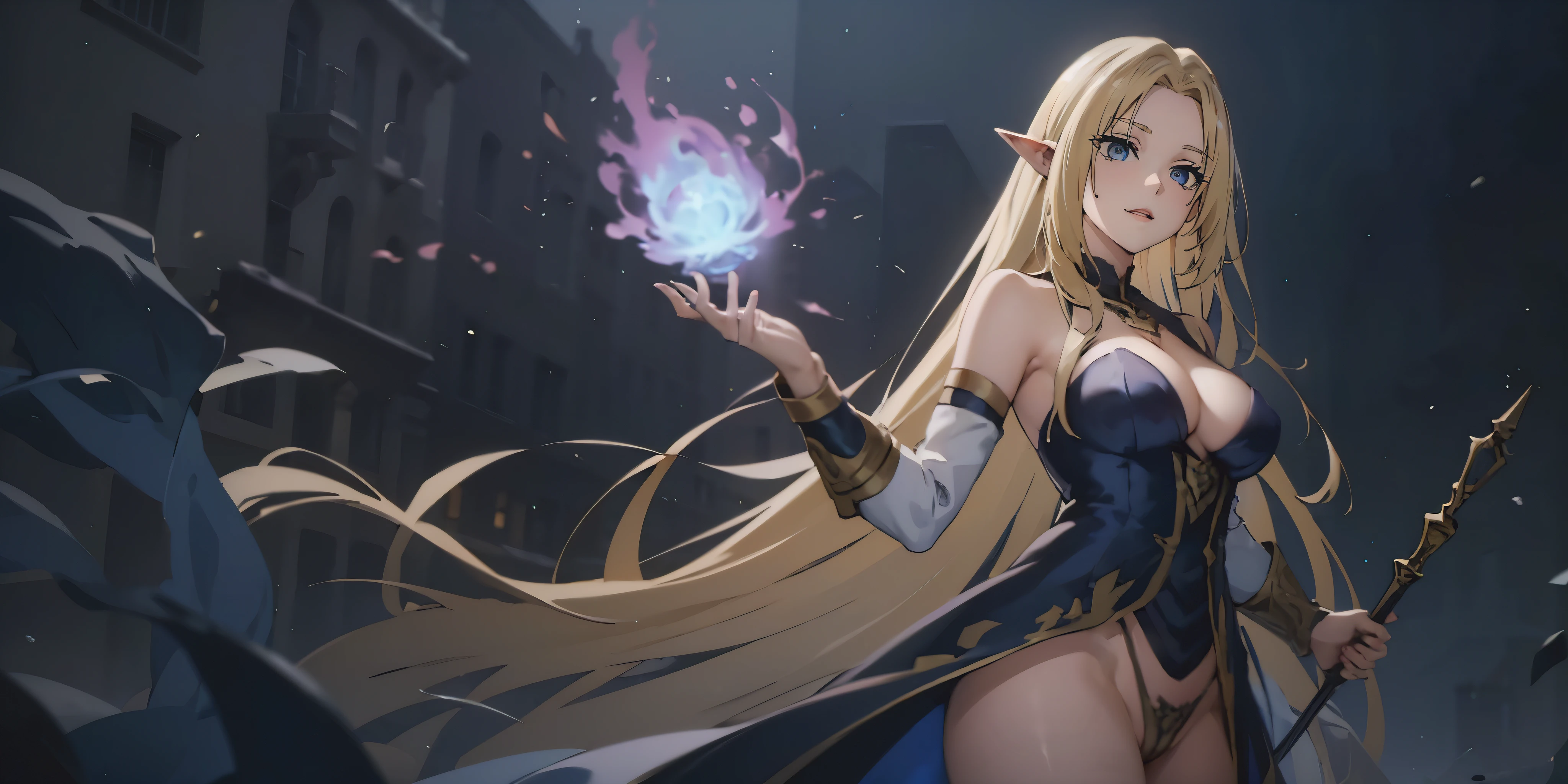 AlphaNDV, 1girl, blonde hair, blue eyes, large breasts, very long hair, elf, pointy ears, anatomically correct, breasts, epic art, fantasy, 1girl, breasts, solo, vastaya, cleavage, large_breasts, staff, choker, glow effects, godrays, Hand drawn, render, 8k, octane render, cinema 4d, blender, dark, atmospheric 4k ultra detailed, cinematic, Sharp focus, big depth of field, Masterpiece, colors, 3d octane render, 4k, concept art, trending on artstation, hyperrealistic, Vivid colors, extremely detailed CG unity 8k wallpaper, trending on CGSociety, Intricate, High Detail, dramatic, white dress, egyptian clothes maebari, bottomless, crotch plate,