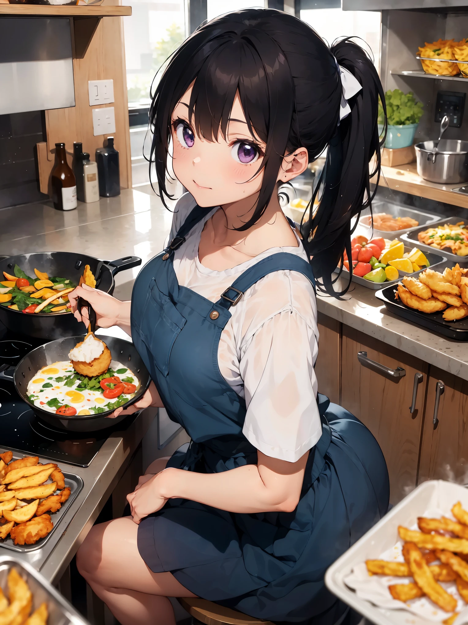 highest quality, 1 girl, adult, medium breasts, gray hair, medium hair, ponytail, Light purple、eye, waitress, white shirt, blue skirt, blue ribbon, white apron, waist_apron, short_dispel、((((sit on a large frying pan)))),(((hold a fly spatter in hand))),