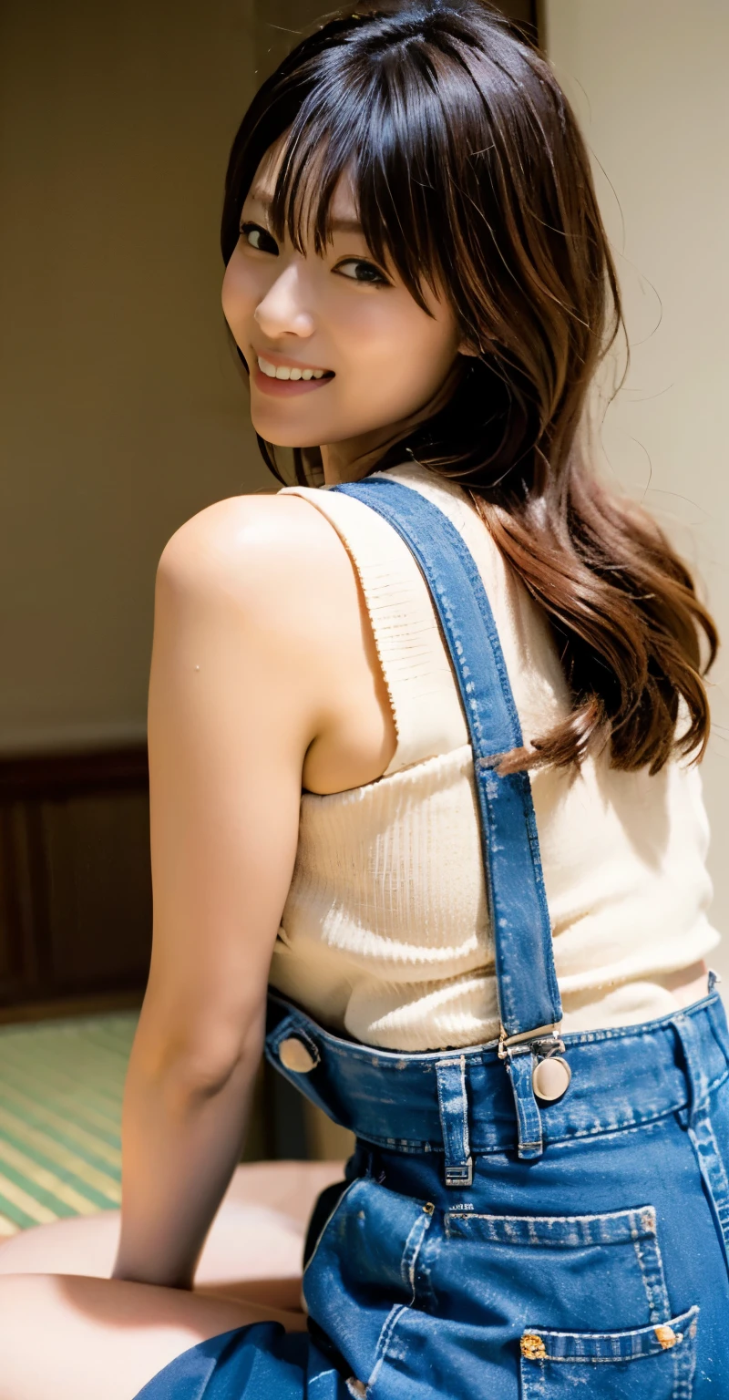 (perfect anatomy),((Ulzan 6500)),highest quality,very detailed,masterpiece,Super detailed,Sitting with your knees together in a Japanese-style room, bending forward and posing,超High resolution,(realistic:1.4,8k),A 20-year-old bride looks beautiful in a photo in a Japanese-style tatami room bathed in the morning sun.,I'm irresistible with my proud slender muscular big hips.,(A mini skirt with perfect size overalls looks good on you.),The most adorable smile with raised eyebrows and corners of the mouth,Chestnut-colored curly princess cut semi-long hair,High nose and deep chiseled face,Elegant appearance,Dynamic portrait from behind,magic lighting,Bright colors,Melting deep depth of field background using Hasselblad,(highest quality,4k,8k,High resolution,masterpiece:1.2),(realistic,realistic:1.37),
