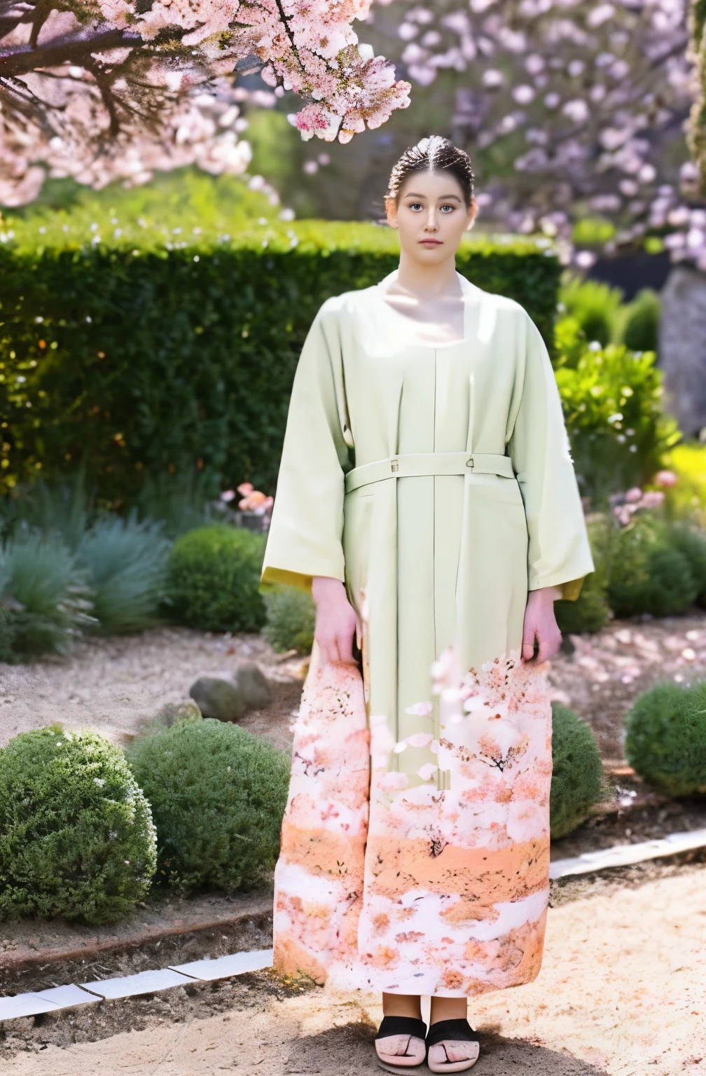 Woman, look at viewer, French braid hair , Sakura kimono ,  garden landscape design, (rim light) cherry blossom grove kimono., hair ornaments 