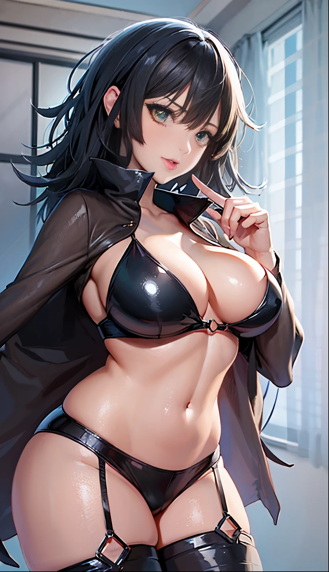 a cartoon picture of a woman in a black top and stockings, an anime drawing inspired by Rei Kamoi, pixiv, shin hanga, thicc, seductive anime girl, she has black hair, hands behind her body pose!, anime style character, thick neck, in an anime style, tina belcher, in anime style, ecchi anime style, anime woman