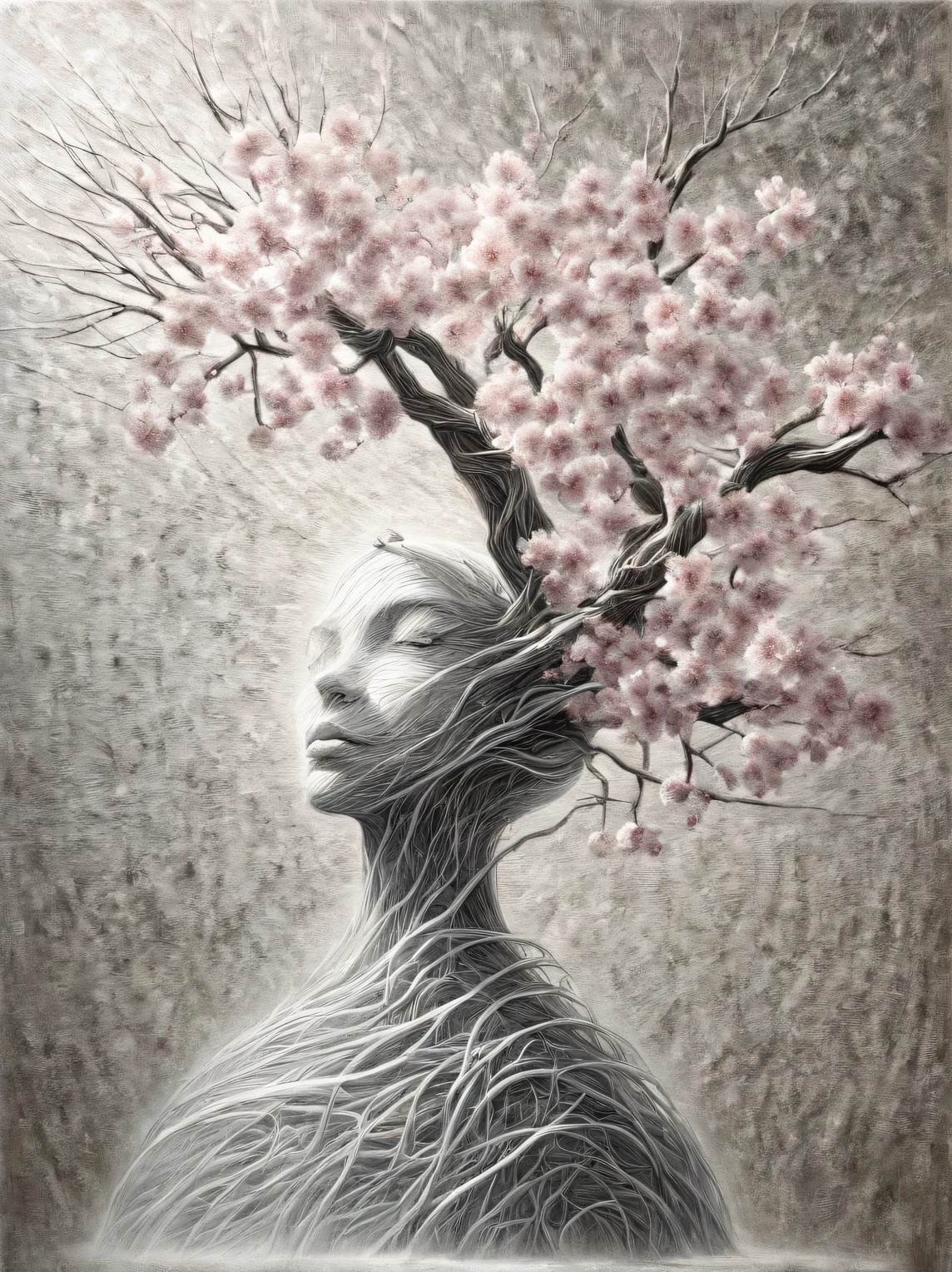 modern Art, Vanguard, surrealism, connecting the incongruous, a blooming sakura tree intricately intertwines its branches and forms a distinct image (Sakura Girl:1.3050), very beautiful picture, combining various drawing techniques, Ultra-fine lines and crisp details create the illusion of a three-dimensional image, and the play of light and shadow creates a feeling of living space in the picture, lighting from different sides creates additional illusions, shadows create the illusion of a double image, the interweaving of fine lines creates unimaginable depth and a feeling of endless space, made in oil and acrylic in combination with pastel and graphite., drawing on rough craft paper, Masterpiece, Master's work, worthy of an award