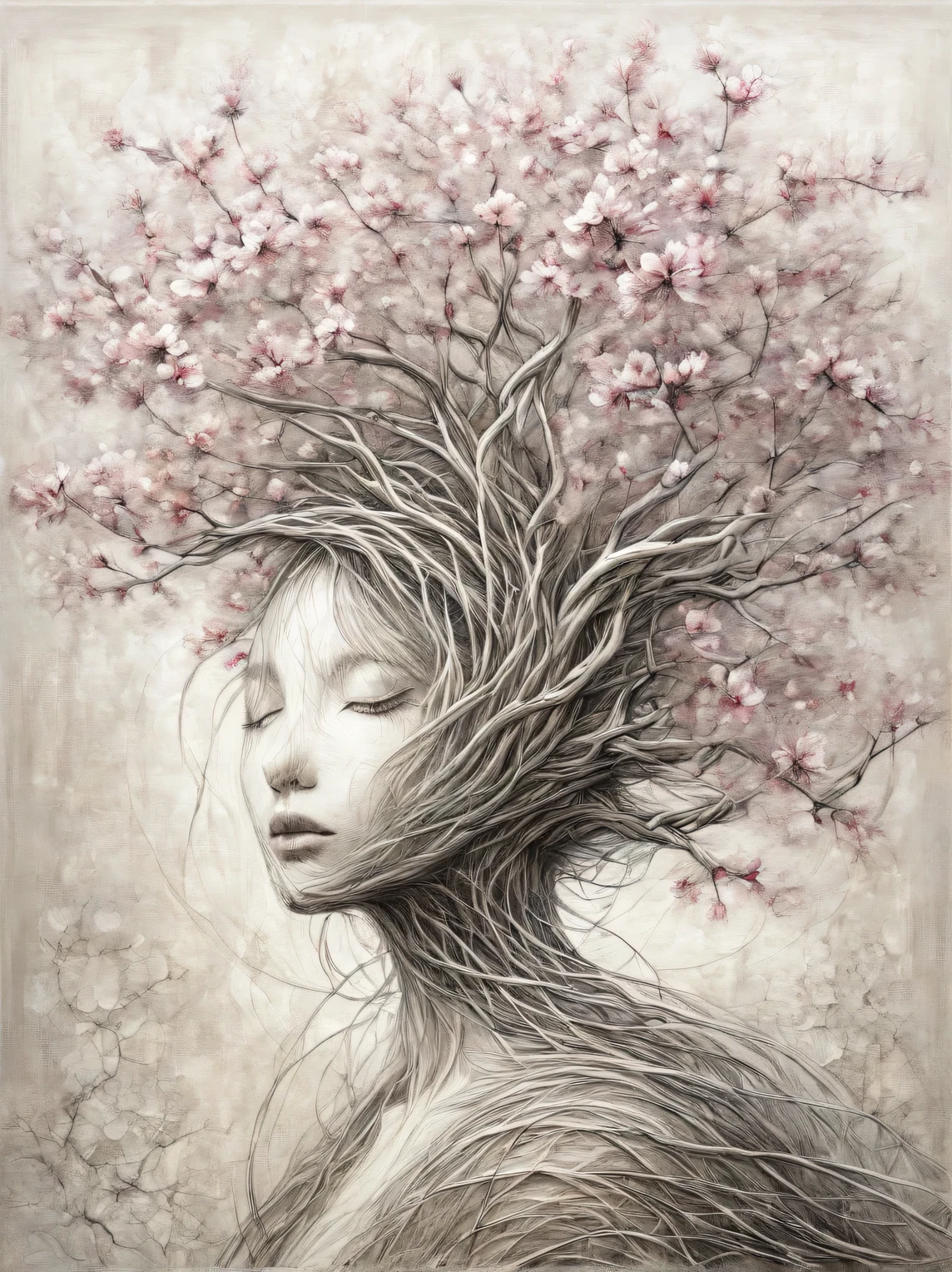 modern Art, Vanguard, surrealism, connecting the incongruous, a blooming sakura tree intricately intertwines its branches and forms a distinct image (Sakura Girl:1.3050), very beautiful picture, combining various drawing techniques, Ultra-fine lines and crisp details create the illusion of a three-dimensional image, and the play of light and shadow creates a feeling of living space in the picture, lighting from different sides creates additional illusions, shadows create the illusion of a double image, the interweaving of fine lines creates unimaginable depth and a feeling of endless space, made in oil and acrylic in combination with pastel and graphite., drawing on rough craft paper, Masterpiece, Master's work, worthy of an award