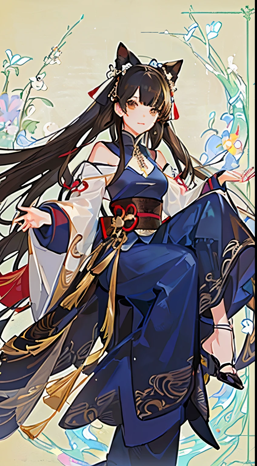 daughter,(facial details:1.2),masterpiece,Fashion,Hanfu,,Zhongfa,black hair color hair,Double tail,Qi bangs,brown eyes,best quality,Super detailed,16k
