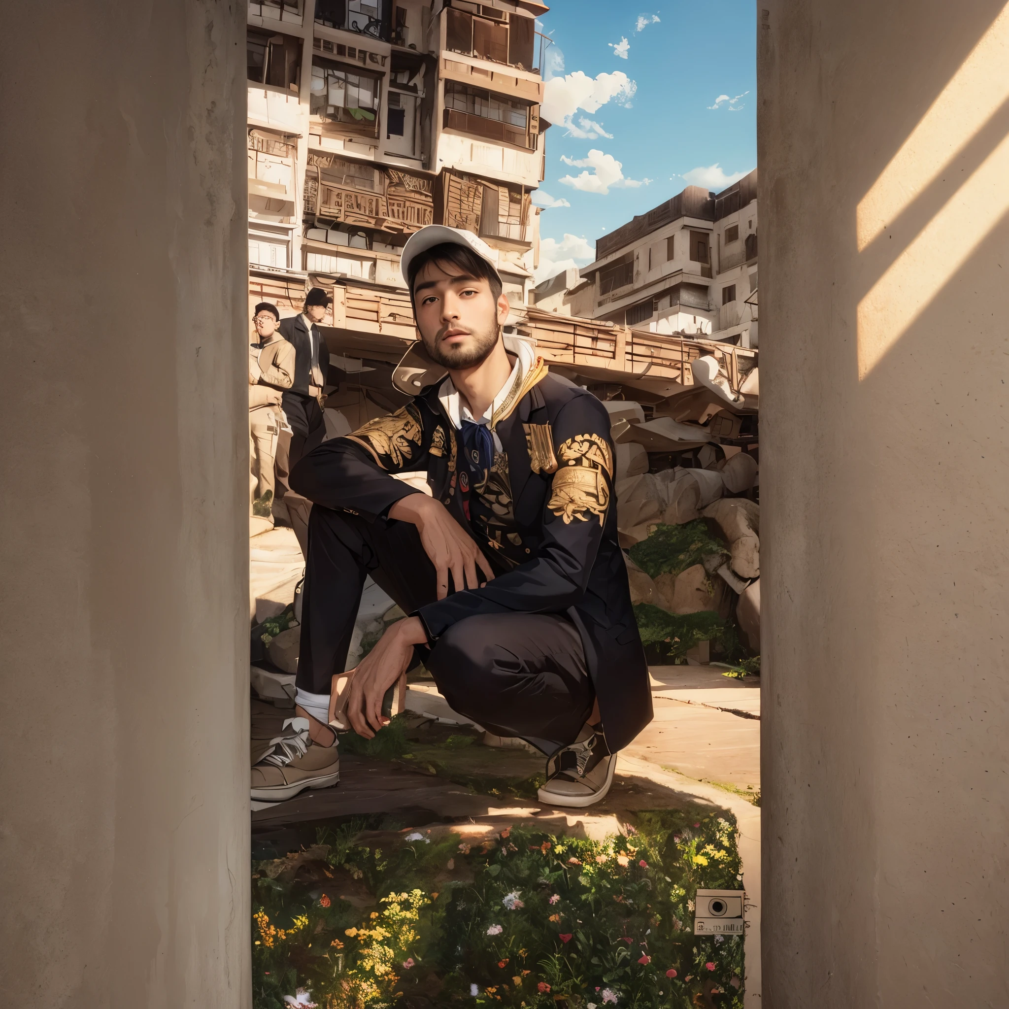 masterpiece, best quality, (absurdres, highres, ultra detailed), 1 male, adult, handsome, tall muscular guy, broad shoulders, finely detailed eyes and detailed face, red hair, green eyes, handsome, suit, fantasy, uniform, royal, Forest, flowers blooming brightly-bloomed flowers, Sunlight, Fantastic light and shadow, Scenery, portrait,