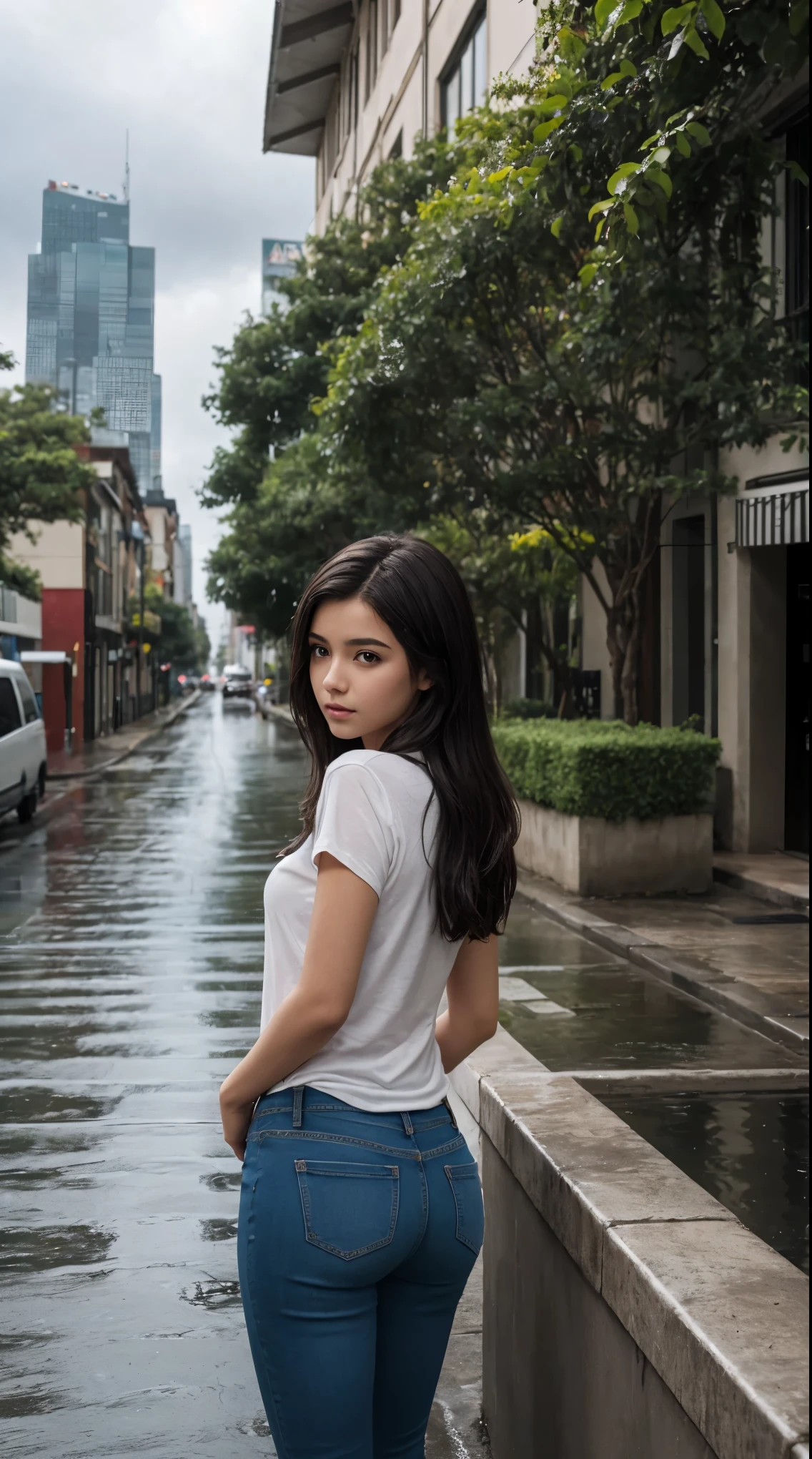 A girl&#39;s view from below, ela usa o All Star, casaco de chuva vermelho, and jeans, She is casting looking at the city skyline, She is on a wet street with rainwater, you see it from bottom to top, it&#39;s raining, The day is cloudy and it seems like it&#39;s getting dark, As nuvens estão cinzentas e it&#39;s raining é um dia de chuva, A touch of mystery, uma  de 13 anos, the image is like a teen movie poster, a  tem cabelos pretos com uma mecha branca, a  tem uma mecha branca no cabelo, ela tem 13 anos, A is alone on a rainy and gray day, the city is in the background, It is a small and rural town, motor irreal:1.4,Ultra HD,A melhor qualidade:1.4, fotorrealista:1.4, textura da pele:1.4, (Noise removal force: 1.45), Boneca 3D bonita, Ultra HD, obra-primamotor irreal:1.4,Ultra HD,A melhor qualidade:1.4, fotorrealista:1.4, textura da pele:1.4, Obra-prima:1.8,.
