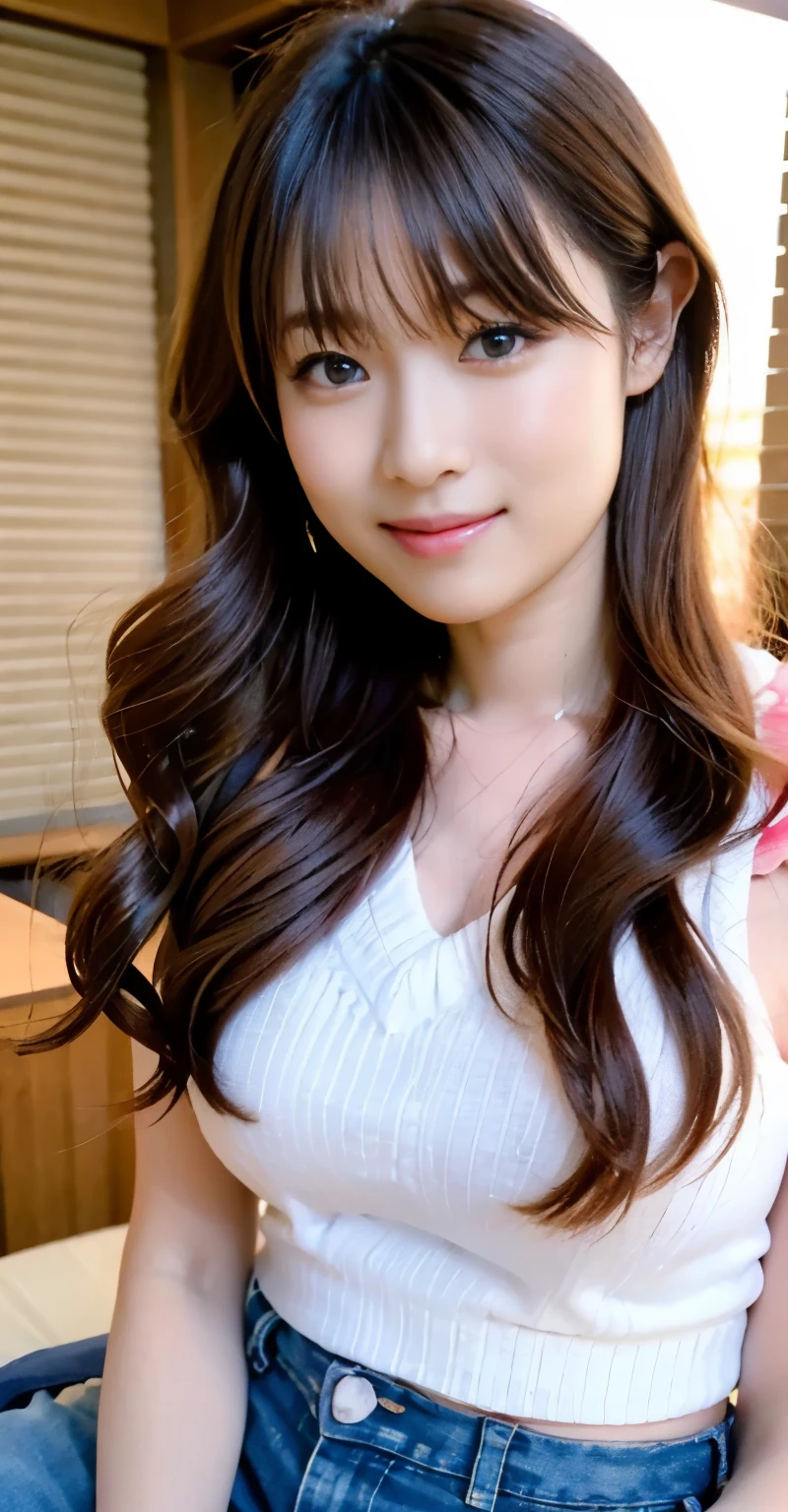 (((perfect anatomy))),((Ulzan 6500)),highest quality,very detailed,masterpiece,Super detailed,Sitting with your knees together in a Japanese-style room, bending forward and posing with your knees and hands together,超High resolution,(realistic:1.4,8k),A 20-year-old bride looks beautiful in a photo in a Japanese-style tatami room bathed in the morning sun.,I'm irresistible with my proud slender muscular big hips.,(Perfectly sized V-neck mini T-shirt and mini skirt jeans go well together.),The most adorable smile with raised eyebrows and corners of the mouth,Chestnut-colored curly princess cut semi-long hair,High nose and deep chiseled face,Elegant appearance,Dynamic full-body portrait from the front,magic lighting,Bright colors,Melting deep depth of field background using Hasselblad,(highest quality,4k,8k,High resolution,masterpiece:1.2),(realistic,realistic:1.37),