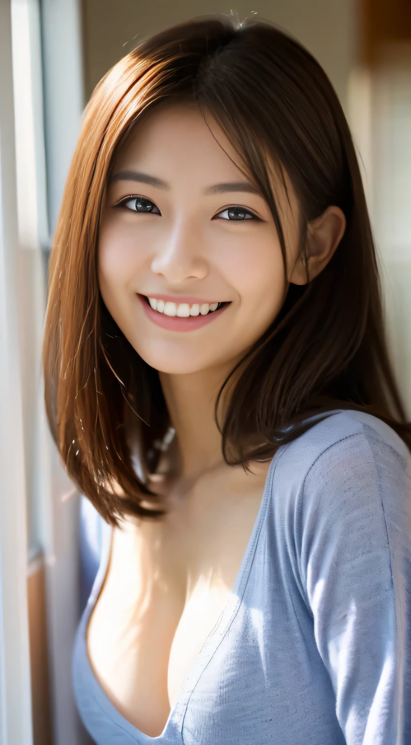 Japanese ),((beautiful girl)),cleavage,An expression that imagines something pleasant:1.2,(perfect body beauty:1.2),((perfect body)),(shy smile),beautiful teeth,