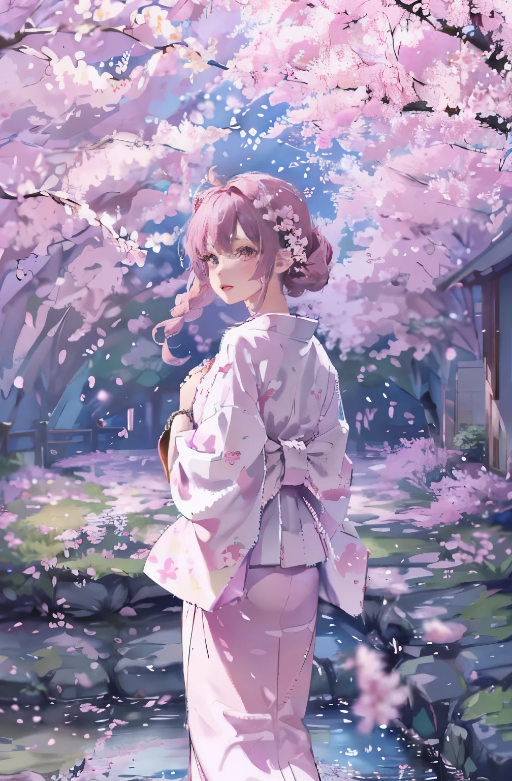 Woman, look at viewer, French braid hair , Sakura kimono ,  garden landscape design, (rim light) cherry blossom grove kimono., hair ornaments 