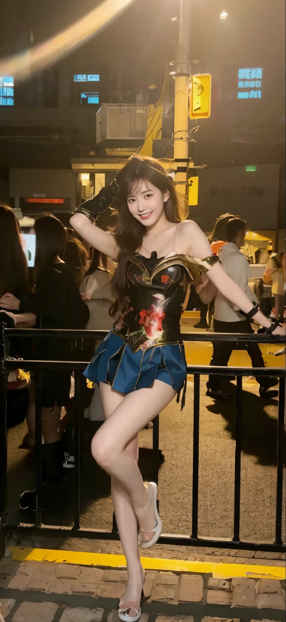 ((​Masterpiece, Top image quality, high resolution、alone、skin shiny))(on the table, best quality, actual, super detailed, meticulous, high resolution, 8k wallpaper), Close-up portrait of a beautiful woman, like, smiling, light brown messy hair, Perfect dynamic composition, 美丽meticulous的眼睛, Just like the cover of a fashion magazine, on campus，Gorgeous costumes，hot stamping clothing，