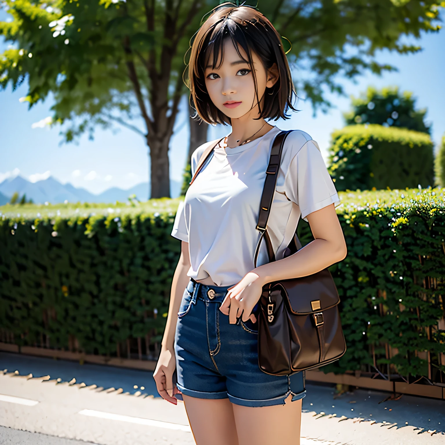 A young girl with a perfect face stands alone on the scene. She is short in stature, has Asian characteristics. She is carrying a backpack, travel shorts, T-shirt, and sports boots. The girl is surrounded by nature, Create a picture-like setting. Prompt is a masterpiece that aims for the highest quality.., We were particular about the detailed and realistic expression of the girl.&#39;face.。. The entire image is brightly colored、Must be high resolution。 (4k, 8k) To express the beauty of the scene.