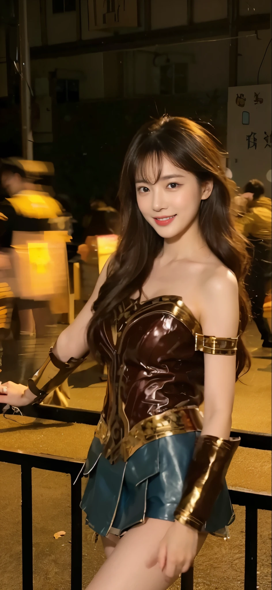 ((Masterpiece, Top image quality, high resolution、alone、skin shiny))(on the table, best quality, actual, super detailed, meticulous, high resolution, 8k wallpaper), Close-up portrait of a beautiful woman, like, smiling, light brown messy hair, Perfect dynamic composition, 美丽meticulous的眼睛, Just like the cover of a fashion magazine, on campus,Gorgeous costumes,hot stamping clothing,