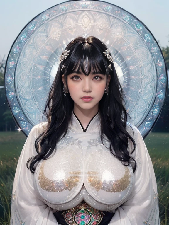 (shiny white skin:1.5),(a girl:1.3),(mandala:1.5),(bangs:1.5),(wavy black hair:1.5),(clean eyes:1.3),(gigantic breast :1.5),(empty grassland)
(Glittering ethnic costumes:1.5),(power eyes:1.5)