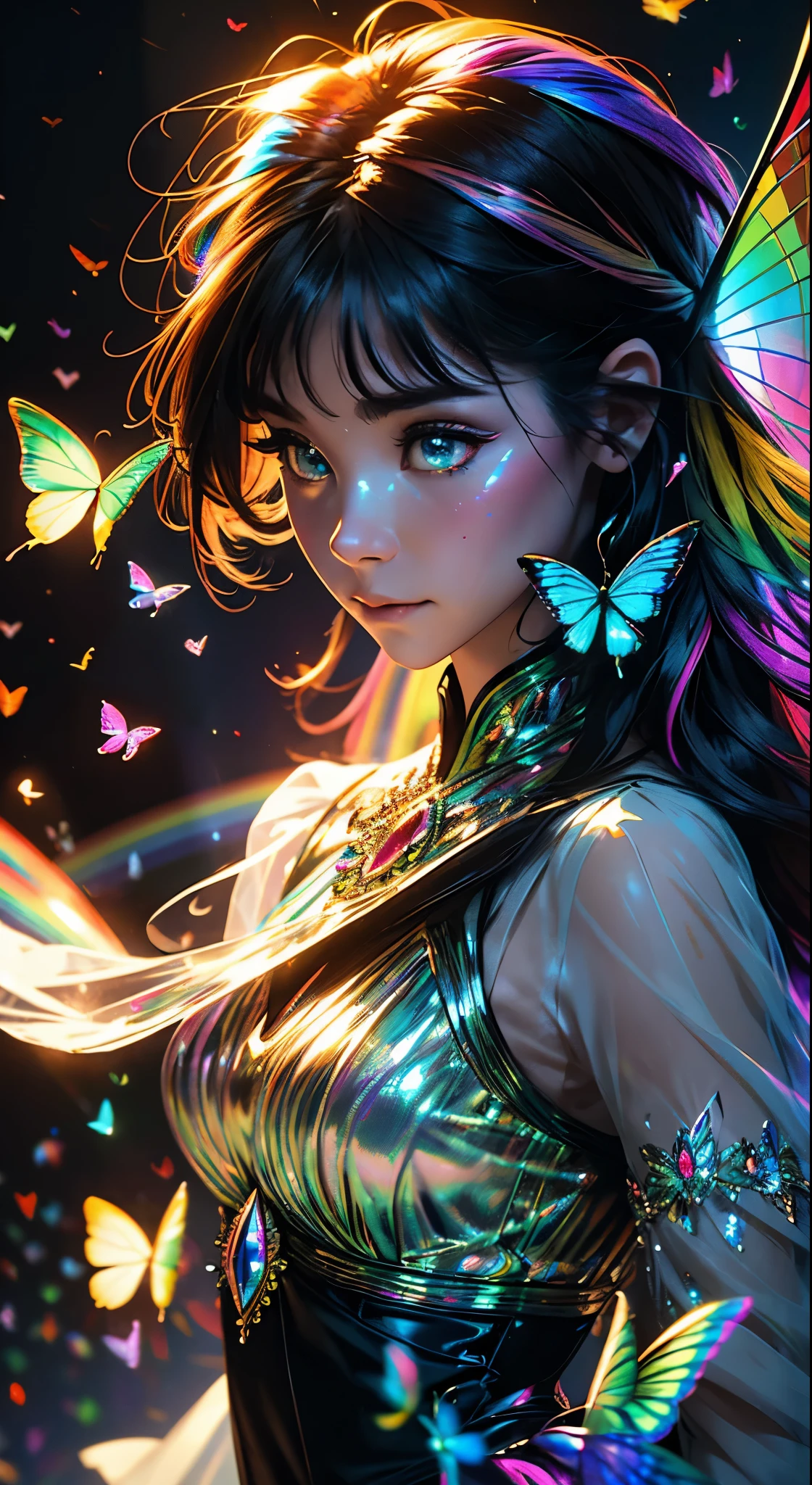 (((masterpiece))), (((best quality))), ((ultra-detailed)),(highly detailed CG illustration), ((an extremely delicate and beautiful)),cinematic light, Create a stunning fantasy artwork that mimics the style of currently trending masters of the genre. The art piece should contain elements of both mythic fantasy and fairytale fantasy with colorful rainbow accents and dark jewel-toned hues. ((Utilize the rainbow as the main color scheme.)) The character in the artwork is a delicate but strong figure with an aura of mystery and magic. Pay close attention to intricate facial features, such as mesmerizing eyes with vibrant colors and bold shading. The character's clothing should be designed with gossamer feathers, silk, stunning embroidery, and subtle iridescent details. Incorporate (((translucent iridescent rainbows))), dreamy colors, dynamic lighting, and detailed background elements to create a sense of awe and immersion. ((Include colorful flying magical birds and jewel-toned rainbow butterflies radiating a magical aura.)) Consider the latest trends in fantasy art, such as incorporating unique lighting effects, exploring dynamic and compelling composition techniques, and experimenting with unique color palettes. Take inspiration from the top artists on ArtStation and Midjourney. Camera: Choose an angle that highlights the character's beauty and enhances the magical majesty of the artwork. Lighting: Utilize atmospheric lighting techniques to create depth and mood. Resolution: Aim for a high-resolution artwork to showcase intricate details and clarity. Art Inspirations: Seek inspiration from the trending artists on ArtStation, exploring different styles, genres, and themes.
