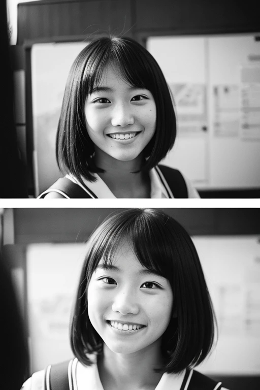 film preset,monochrome,high school student,smile