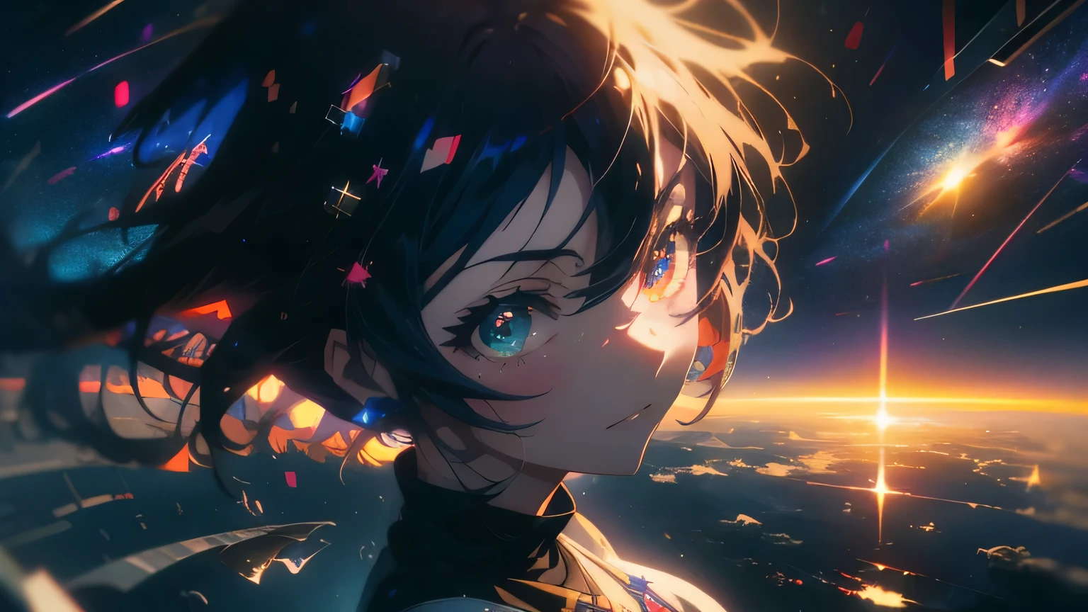 anime wallpapers of a girl (woman, heterochromia eyes,dark blue hair , Perfect female figure, shy smile face) looking at a view of the space and stars, cosmic spaces. by makoto shinkai, anime art wallpaper 4 k, anime art wallpaper 4k, anime art wallpaper 8 k, anime space, amazing wallpaper, anime wallpaper 4 k, anime wallpaper 4k, 4k anime wallpaper, makoto shinkai cyril rolando, anime background art