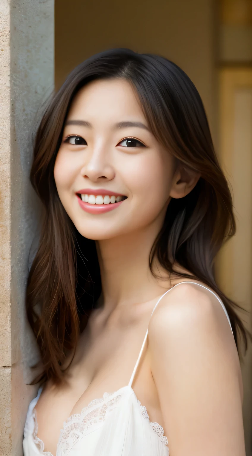Japanese ),((beautiful girl)),cleavage,An expression that imagines something pleasant:1.2,(perfect body beauty:1.2),((perfect body)),(shy smile),beautiful teeth,
