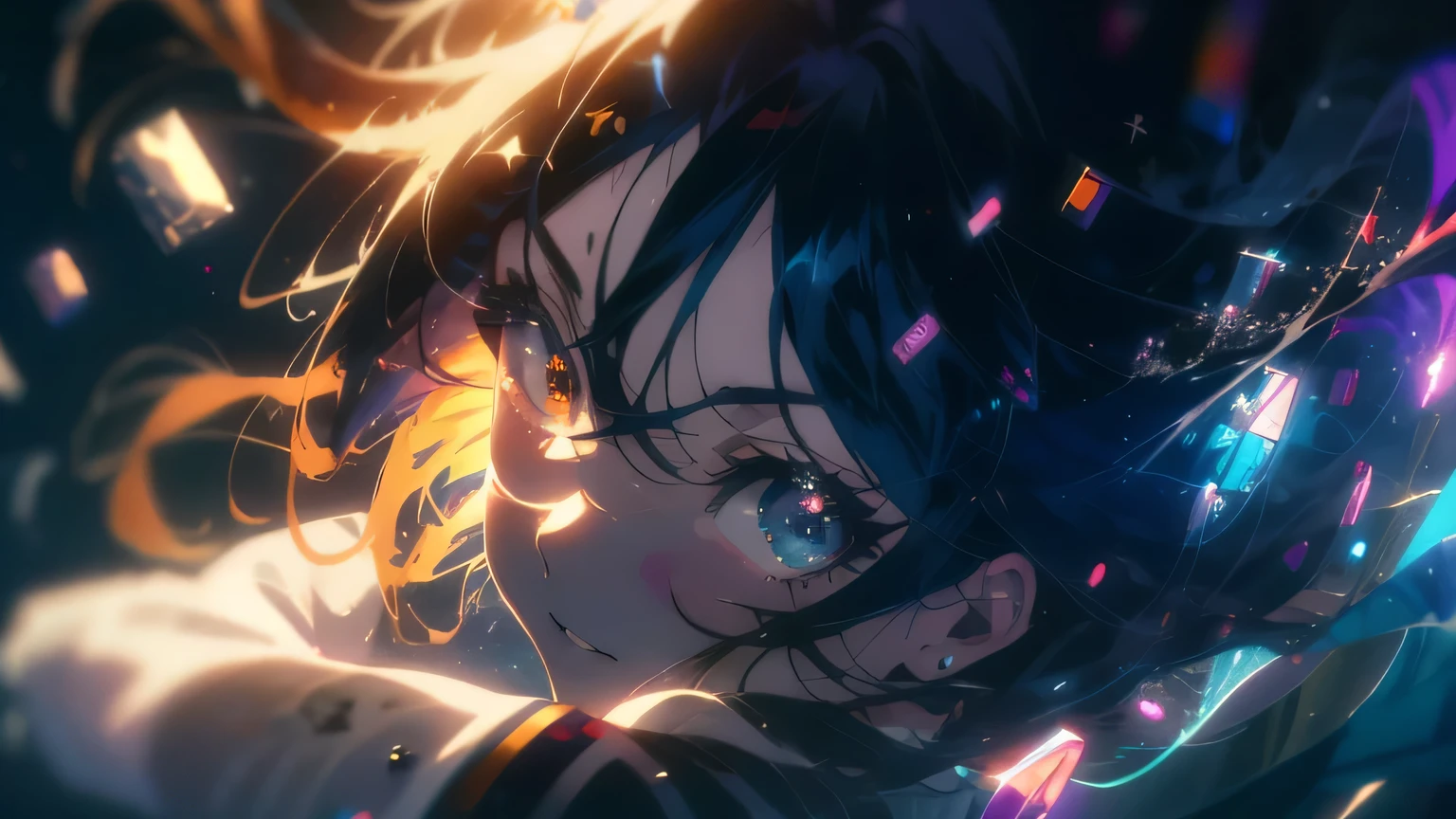 anime wallpapers of a girl (woman, heterochromia eyes,dark blue hair , Perfect female figure, shy smile face) looking at a view of the space and stars, cosmic spaces. by makoto shinkai, anime art wallpaper 4 k, anime art wallpaper 4k, anime art wallpaper 8 k, anime space, amazing wallpaper, anime wallpaper 4 k, anime wallpaper 4k, 4k anime wallpaper, makoto shinkai cyril rolando, anime background art
