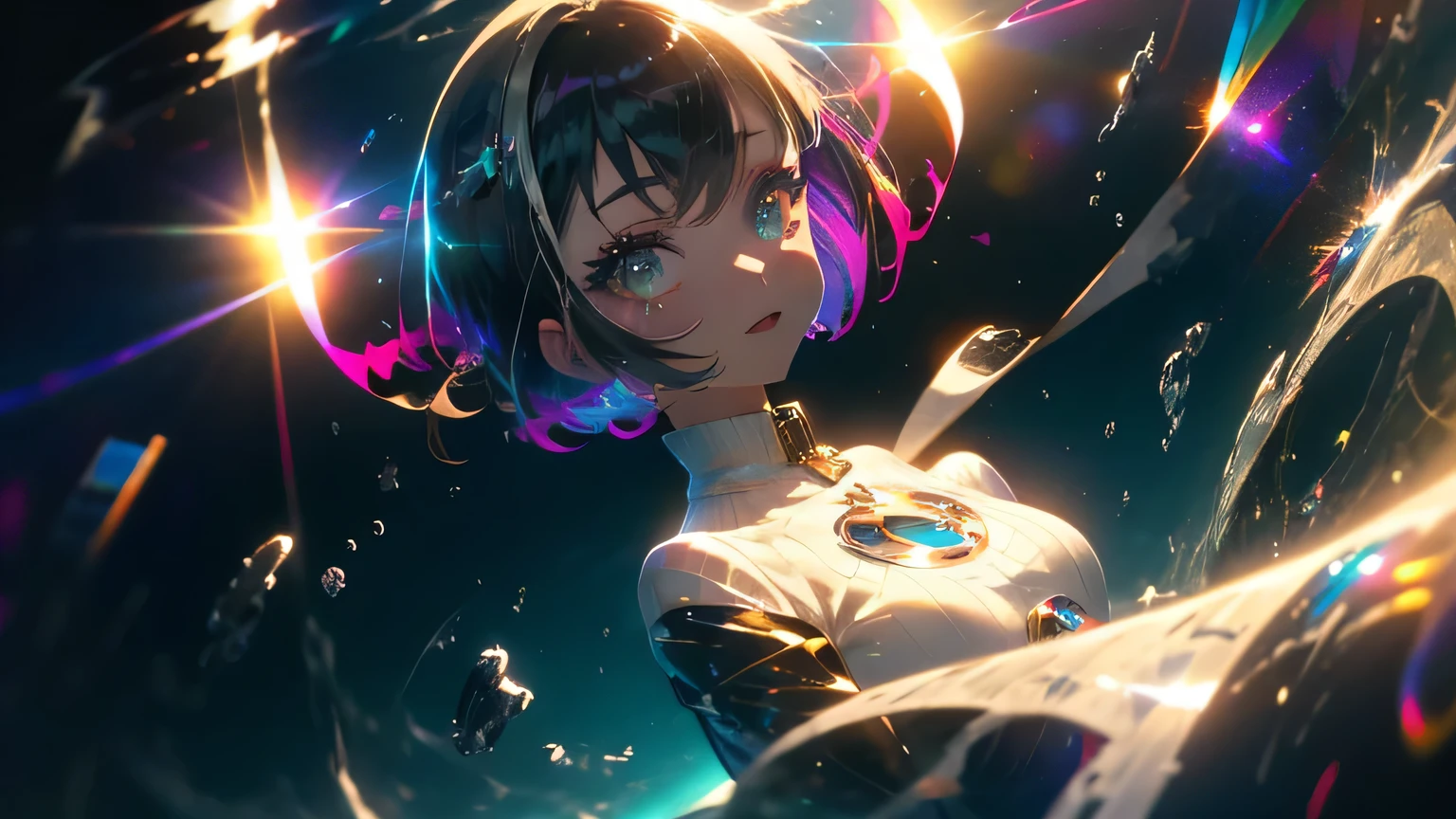 anime wallpapers of a girl (woman, heterochromia eyes, Perfect female figure), ((hairstyle on:buzzcut,A dark-haired,Hair that shines when it catches the light)), lensflare, Dramatic makeup, smiling elegantly, Natural complexion,large full breasts,Diffuse reflection of light((colourfull:1.5)), background is a view of the space and stars, cosmic spaces.wide angle