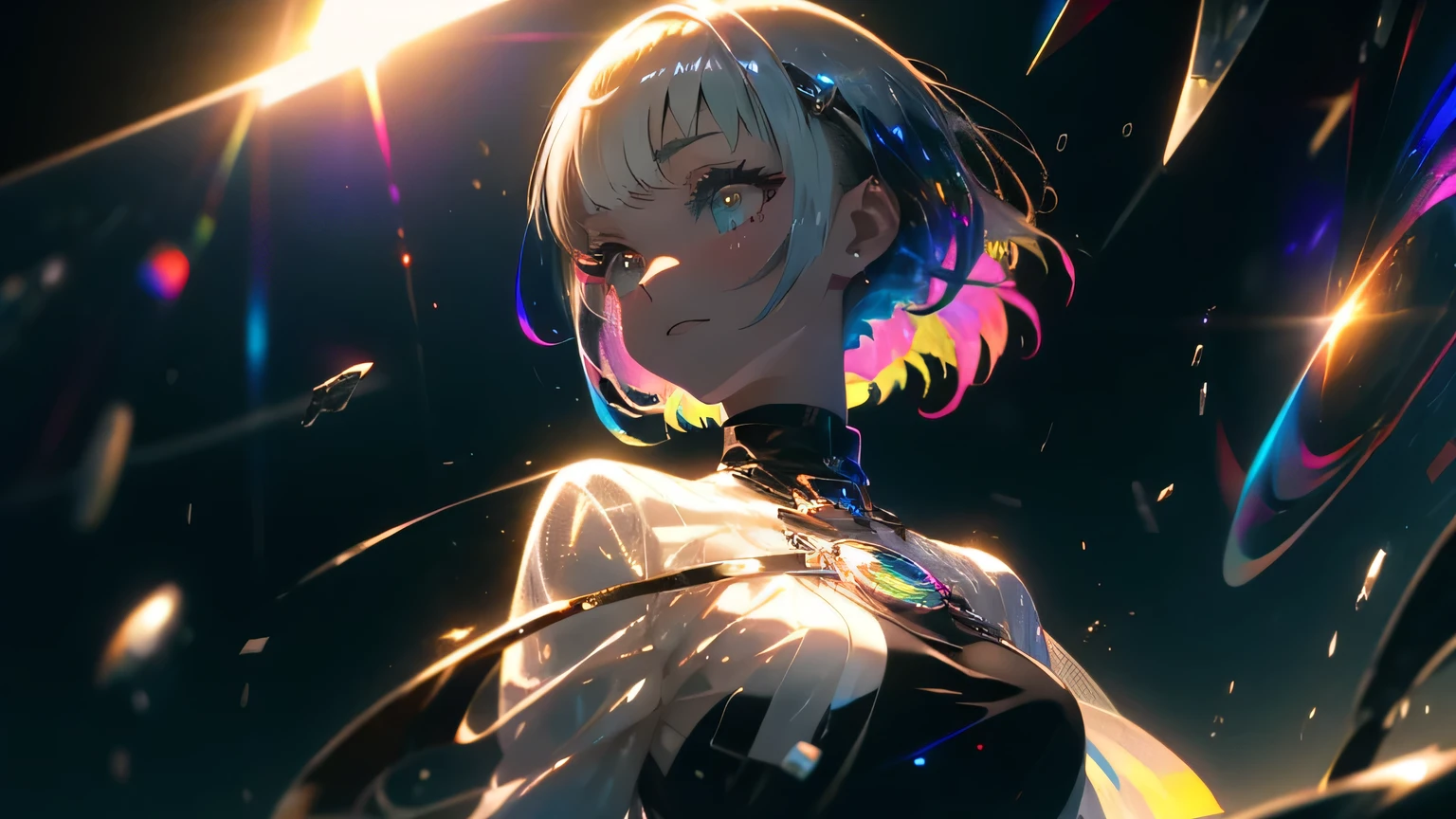 anime wallpapers of a girl (woman, heterochromia eyes, Perfect female figure), ((hairstyle on:buzzcut,A dark-haired,Hair that shines when it catches the light)), lensflare, Dramatic makeup, smiling elegantly, Natural complexion,large full breasts,Diffuse reflection of light((colourfull:1.5)), background is a view of the space and stars, cosmic spaces.wide angle