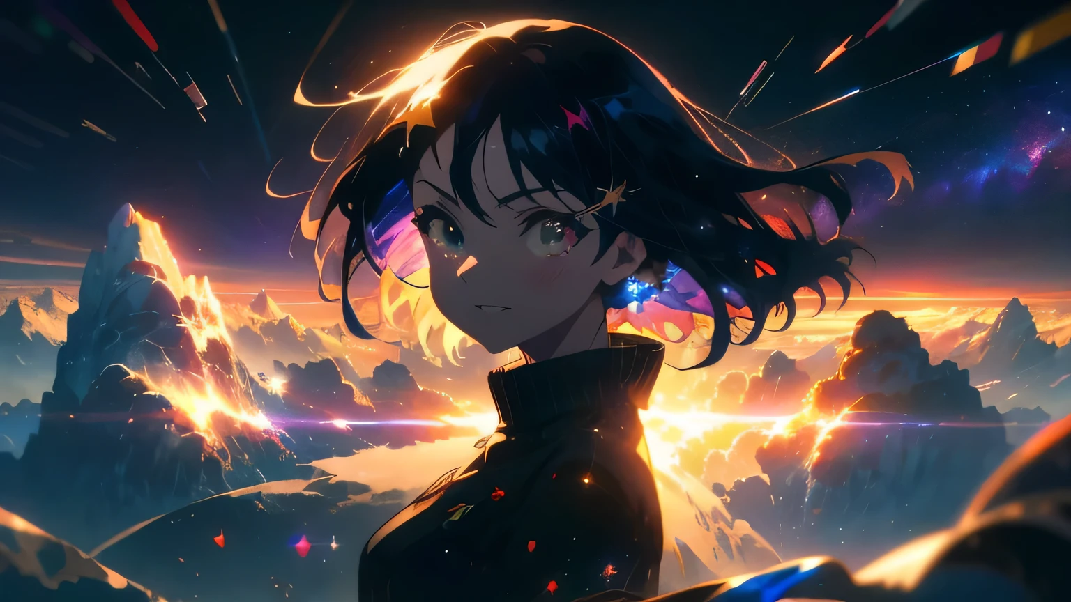anime wallpapers of a girl (woman, heterochromia eyes,dark blue hair , Perfect female figure, shy smile face) looking at a view of the space and stars, cosmic spaces. by makoto shinkai, anime art wallpaper 4 k, anime art wallpaper 4k, anime art wallpaper 8 k, anime space, amazing wallpaper, anime wallpaper 4 k, anime wallpaper 4k, 4k anime wallpaper, makoto shinkai cyril rolando, anime background art