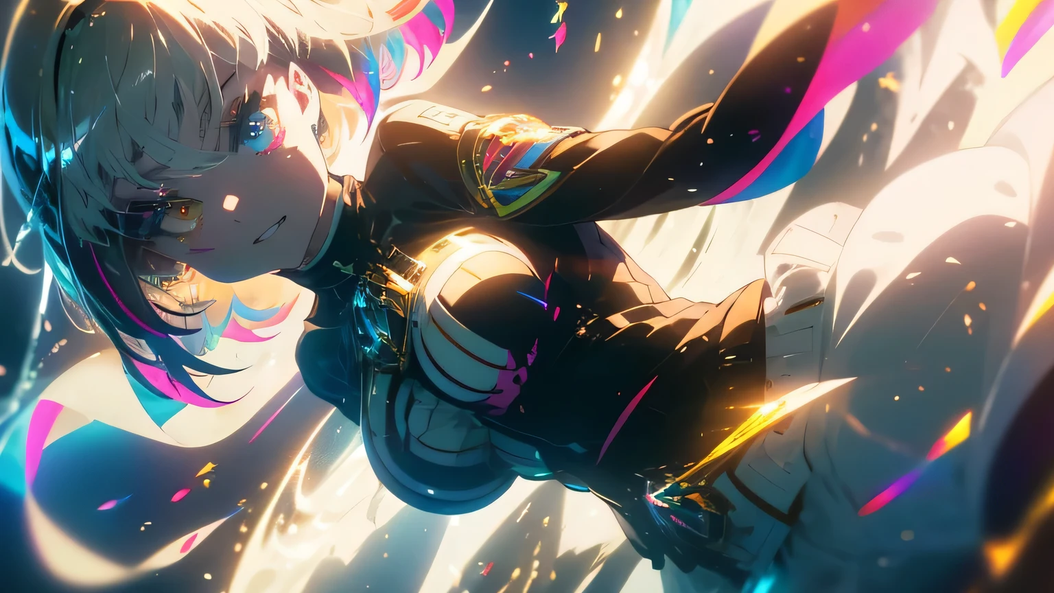 anime wallpapers of a girl (woman, heterochromia eyes, Perfect female figure), ((hairstyle on:buzzcut,A dark-haired,Hair that shines when it catches the light)), lensflare, Dramatic makeup, smiling elegantly, Natural complexion,large full breasts,Diffuse reflection of light((colourfull:1.5)), wide angle