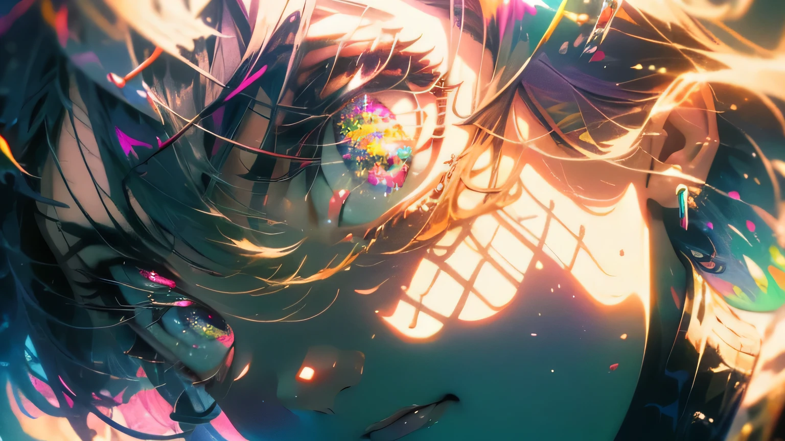 ((masterpiece,hight resolution,8K picture quality,top-quality)),1girl in,((extra detailed face)),femele,Delicate eyes,((Purple eyes)),((hairstyle on:buzzcut,A dark-haired,Hair that shines when it catches the light)),lensflare,Dramatic makeup,smiling elegantly,Natural complexion,large full breasts,Diffuse reflection of light((colourfull:1.5)),