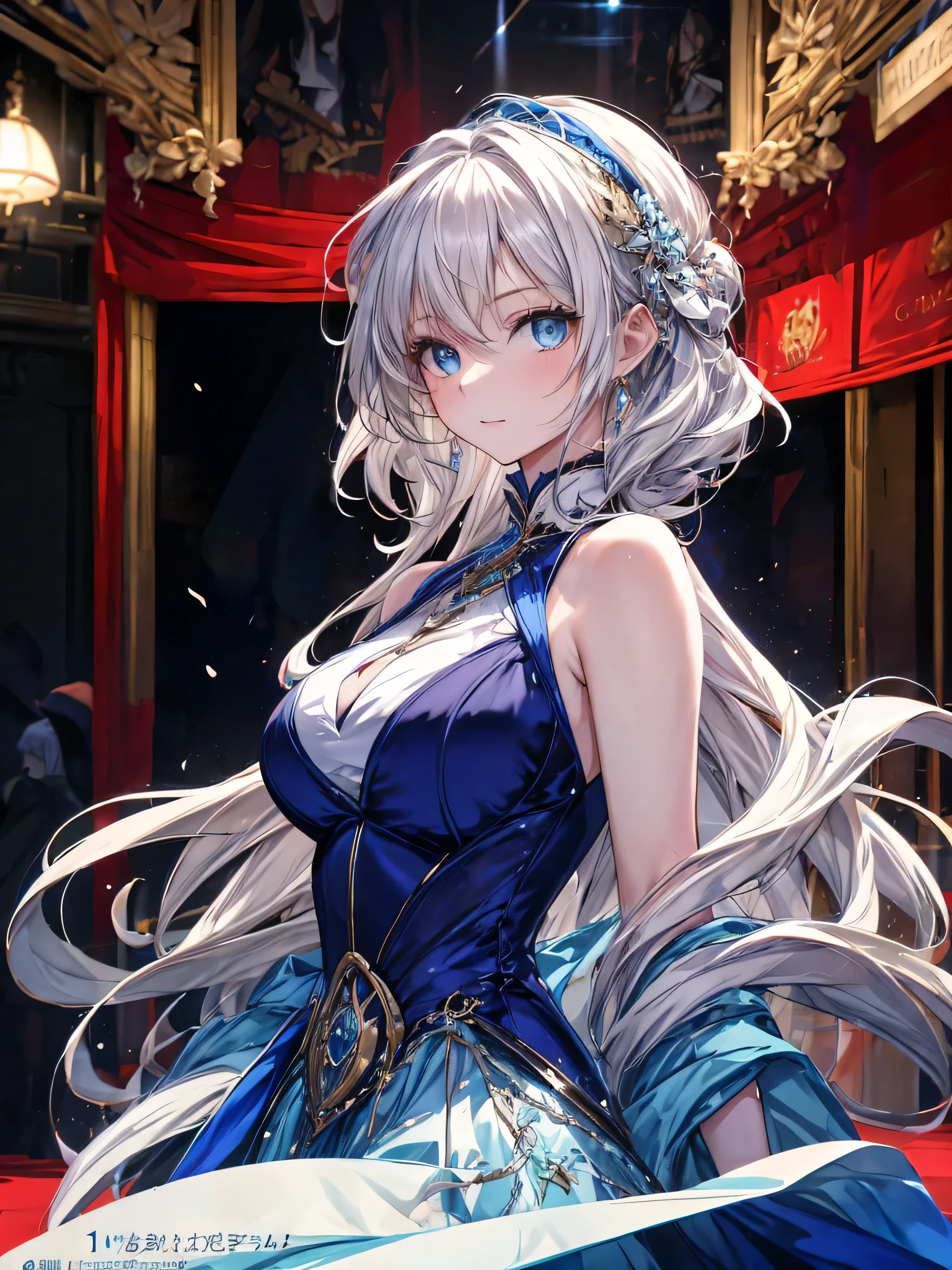 magazine cover style, cinematic lighting, 8K, panorama, masterpiece, The anime-style image portrays a captivating scene with a young girl walking gracefully on a vibrant red carpet. Her stunning white hair contrasts beautifully against her dark blue dress, emphasizing her unique appearance. Bright blue eyes shine with confidence and curiosity, captivating the viewer's attention. Surrounding her, a group of nobles dressed in elegant attire stands, their presence adding a touch of sophistication to the setting. The image exudes a sense of grandeur and allure, inviting viewers to imagine the story and emotions behind the girl's journey down the red carpet. from side, medieval banquet in background, Magazine Cover, Upper Body, 14 year