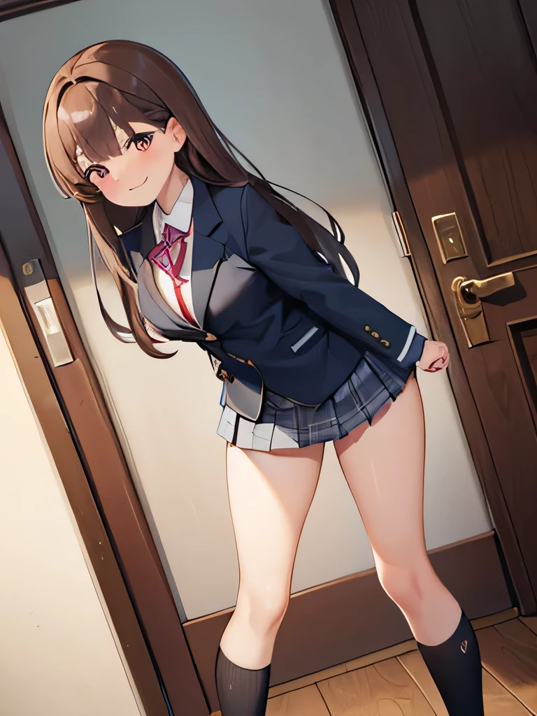 (1) There is one high school girl. She raises her skirt and provokes herself..
(2) High school girl wears a blazer and miniskirt uniform, and her feet are socks.
(3) She has long brown hair.
(4) She makes a provocative and lewd expression.
(5) The location is a love hotel room..