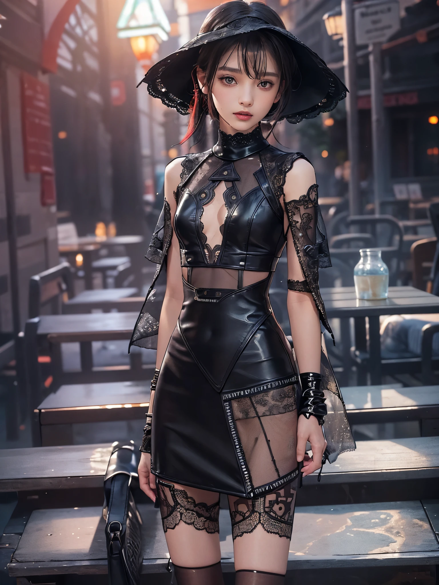 8k, RAW photo, highest quality, masterpiece, realistic, photorealistic, clear, professional lighting, beautiful face, highest quality, ultra high resolution.
break (whole body.:1.5), ,(18 years old very beautiful Japanese girl:1.3)
NSFW,
thin, very flat chest, very small breasts
(The supermodel poses in various poses with a confident smile in a photoshoot, :1.4)
(A very stylish cafe terrace at night, magically lit up, :1.3)
((Futuristic stylish cyberpunk leather dress):1.3)
break latex, shiny, liquid, rubber, break(turtleneck:1.2),(black theme:1.3),(lace and leather turtleneck,:1.3)(Black Maximum A-Line Leather Skirt:1.4),
(lace and leather patchwork:1.5),
(Separate leather dress with intricate triangular silhouette and lace decoration:1.5),
(lace patchwork,:1.4),hand,DetailXL,2b-Eimi,virgin destroyer sweater,beautiful portrait,wonder of beauty,cat lingerie,future camisole, side boob,jclnyz,xxmixgirl,underboob,bodycon,masterpiece