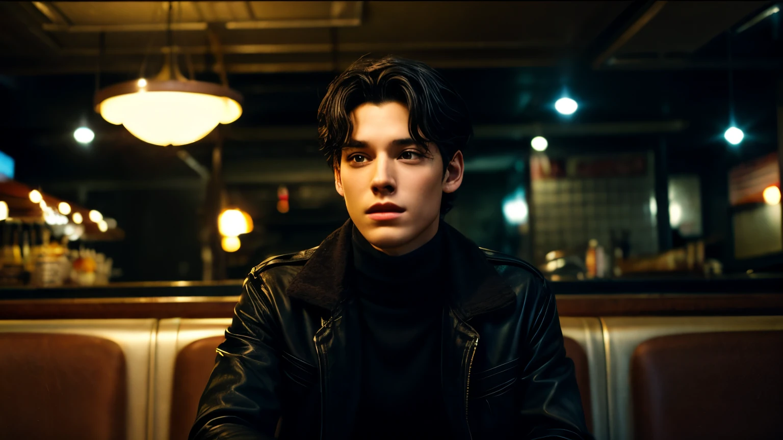 black high neck innerwear。new york。筋肉質なbeautiful young man。Inside the American diner at night。Fray curl mash hair。black-haired american man。A scene from a Western horror movie。highest quality。beautiful young man