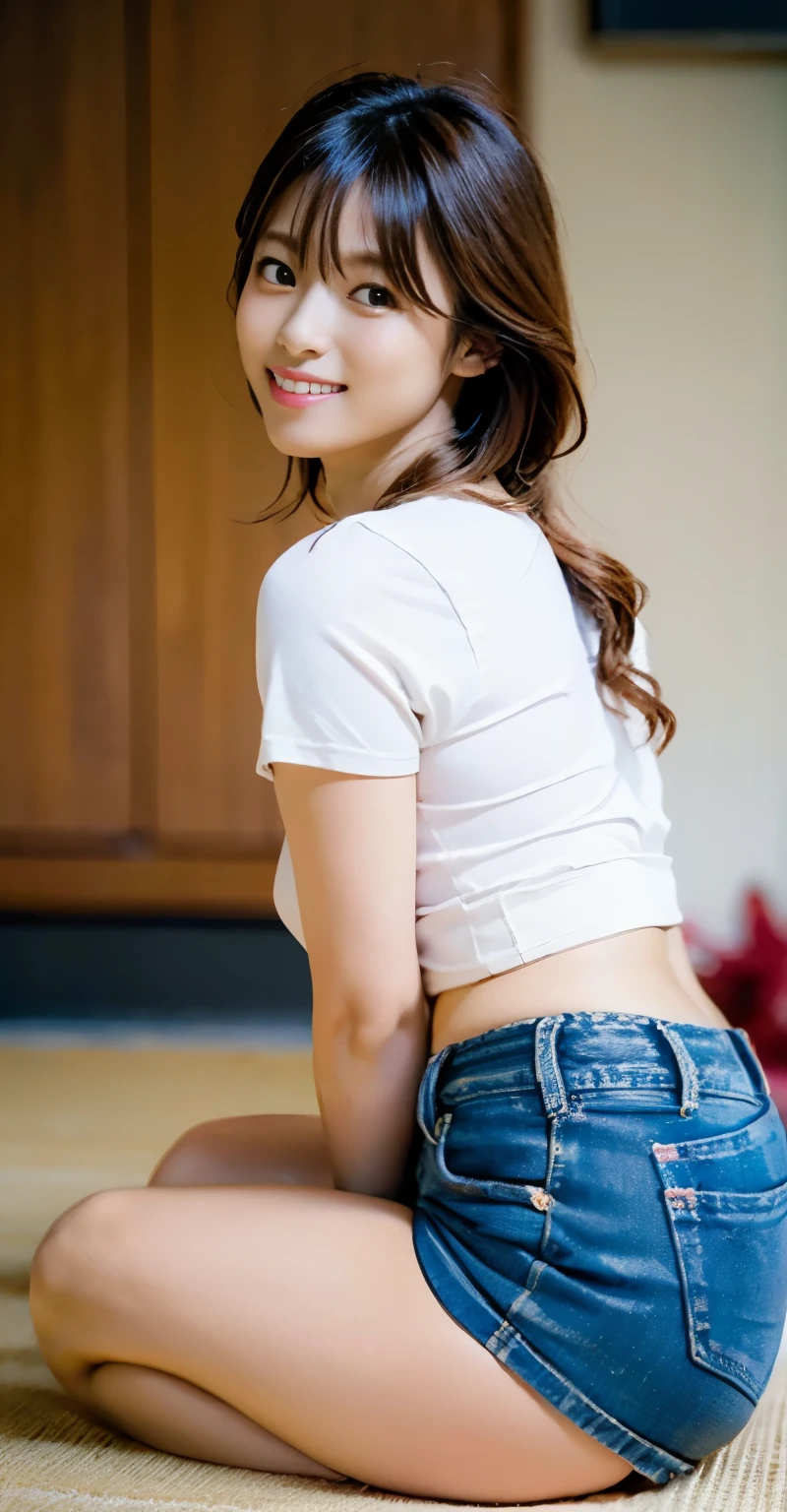 (((perfect anatomy))),((Ulzan 6500)),highest quality,very detailed,masterpiece,Super detailed,Female dog pose with knees together in Japanese room,超High resolution,(realistic:1.4,8k),A 20-year-old newlywed bride looks beautiful in a photo as she looks over her shoulder with her chin up in a Japanese-style room with tatami mats bathed in the dazzling morning sun.,I'm irresistible with my proud slender muscular big hips.,((A perfectly sized V-neck mini T-shirt and a perfect mini skirt with jeans go well together.)),The glimpse of underwear is dazzling,The most adorable smile with raised eyebrows and corners of the mouth,Chestnut long sauvage hair,High nose and deep chiseled face,Elegant appearance,Dynamic full-body portrait from a low rear angle,magic lighting,Bright colors,Melting deep depth of field background using Hasselblad,(highest quality,4k,8k,High resolution,masterpiece:1.2),(realistic,realistic:1.37),