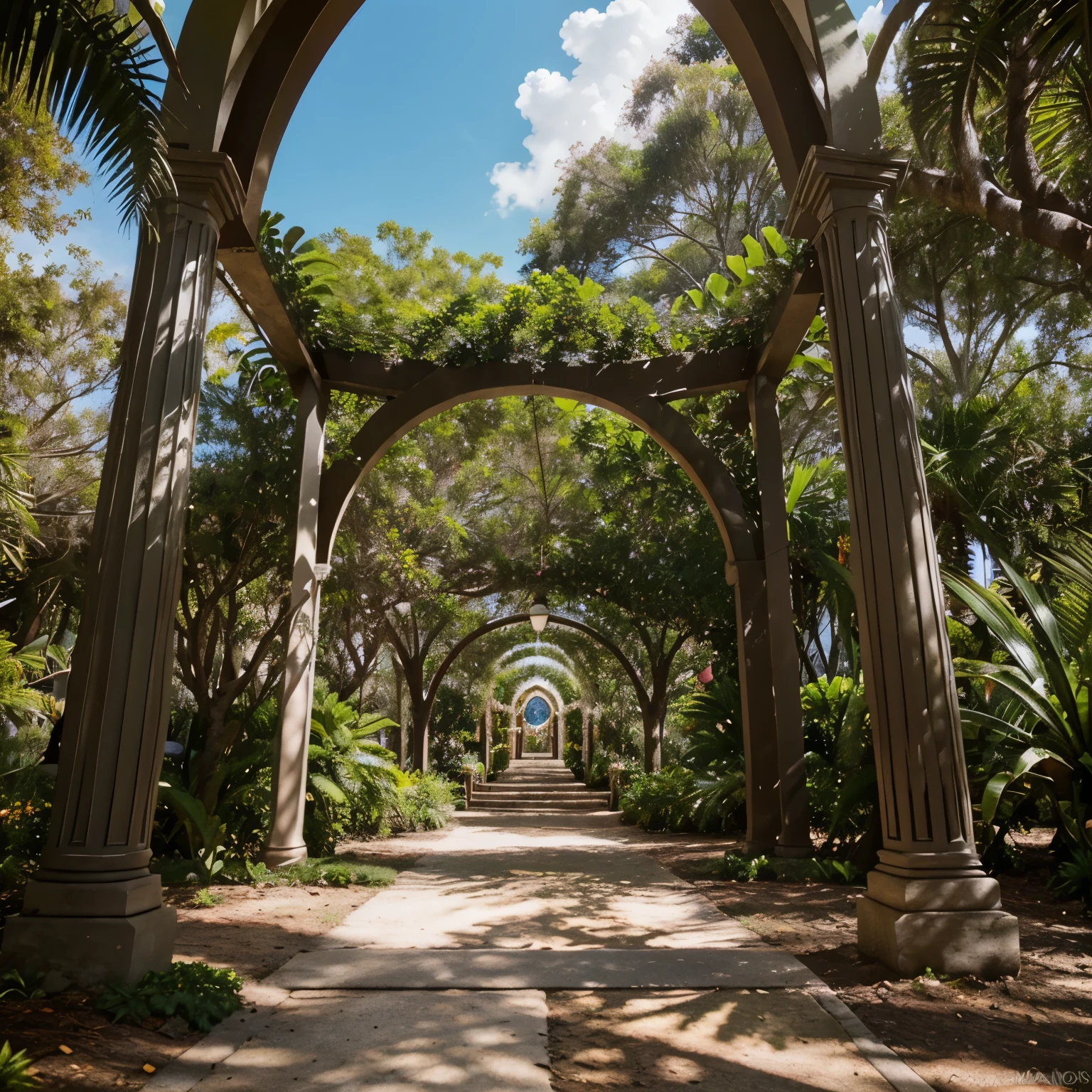Showcase the whimsical art installations scattered throughout the Maria Shelby Botanical gardens in Sarasota. Compose a photo that juxtaposes the man-made sculptures with the natural beauty of the surroundings. Play with angles and framing to create a visually compelling image.