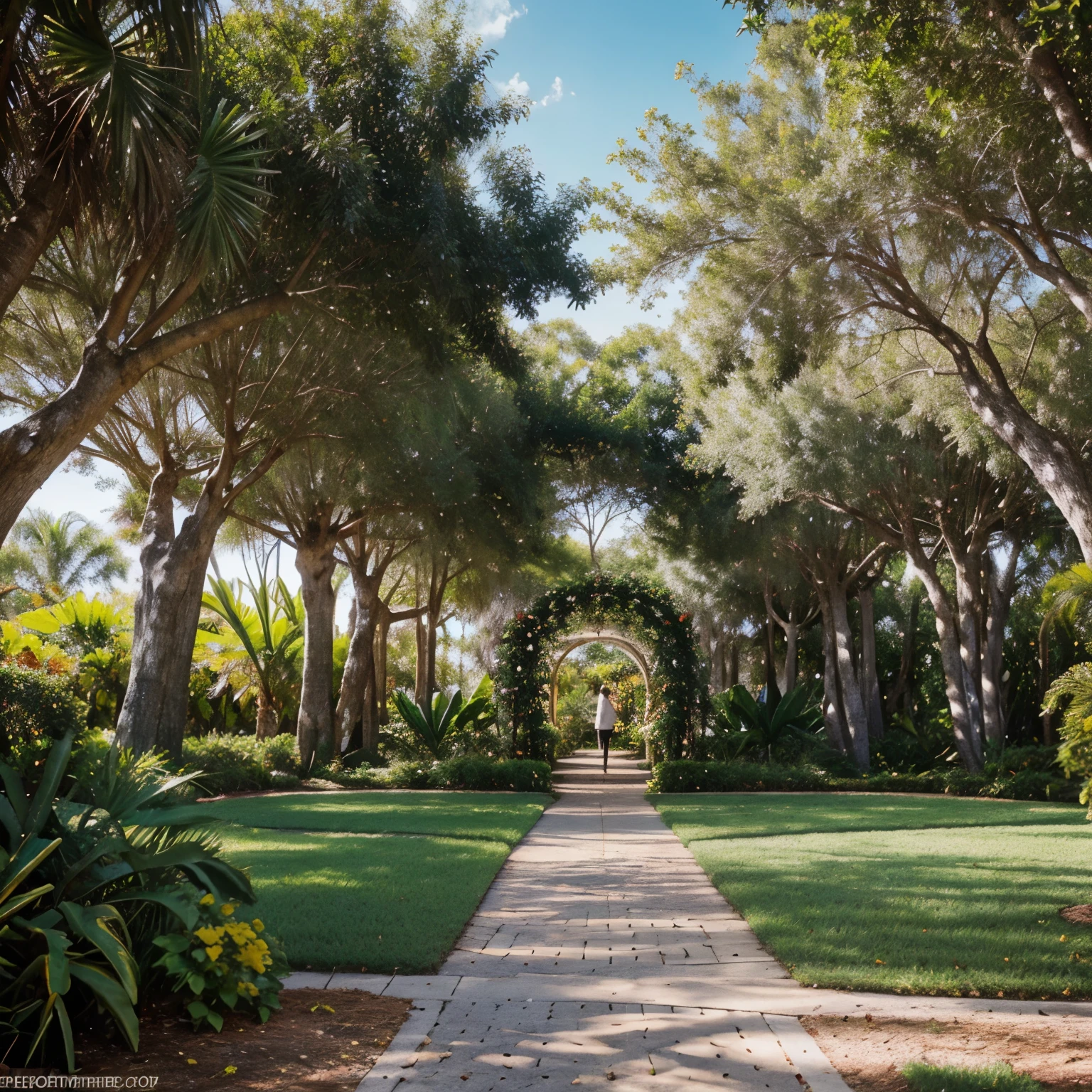 Showcase the whimsical art installations scattered throughout the Maria Shelby Botanical gardens in Sarasota. Compose a photo that juxtaposes the man-made sculptures with the natural beauty of the surroundings. Play with angles and framing to create a visually compelling image.