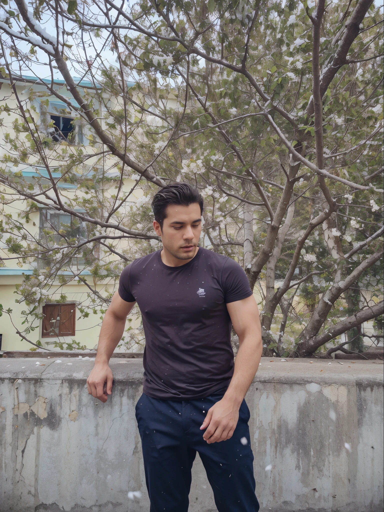 White shirt ,and falling flowers, and beautiful Trees, 8k resolution snow,