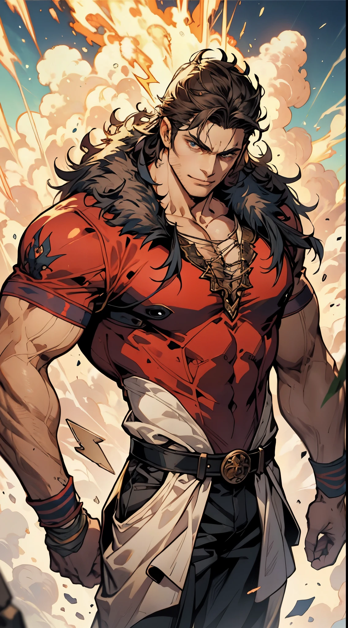A middle-aged man about 40 years old, Eye-catching long red and black hair, wild messy hairstyle, Fierce gaze, confident smile, He has a tattoo in the shape of a lightning bolt on his left cheek , strong physique, Majestic Fantasy Style Short Sleeve Jacket, Fitted scale undershirt, Black fur shawl, wristbands, coarse trousers, Against the background of the broken earth,e stands tall like a divine figure, Debris floating around, This character embodies the craftsmanship of the anime style, which is dominated by fantasy., Characterized by sophisticated and mature comic illustration art style, HD, best quality, high resolution, Super detailed, Ultra-fine painting, extremely refined, professional, anatomically correct, symmetrical face, Extremely detailed eyes and face, high quality eyes, creativity, original photo, 超HD, 8k, Natural light, light, masterpiece-anatomy-perfect, masterpiece:1.5