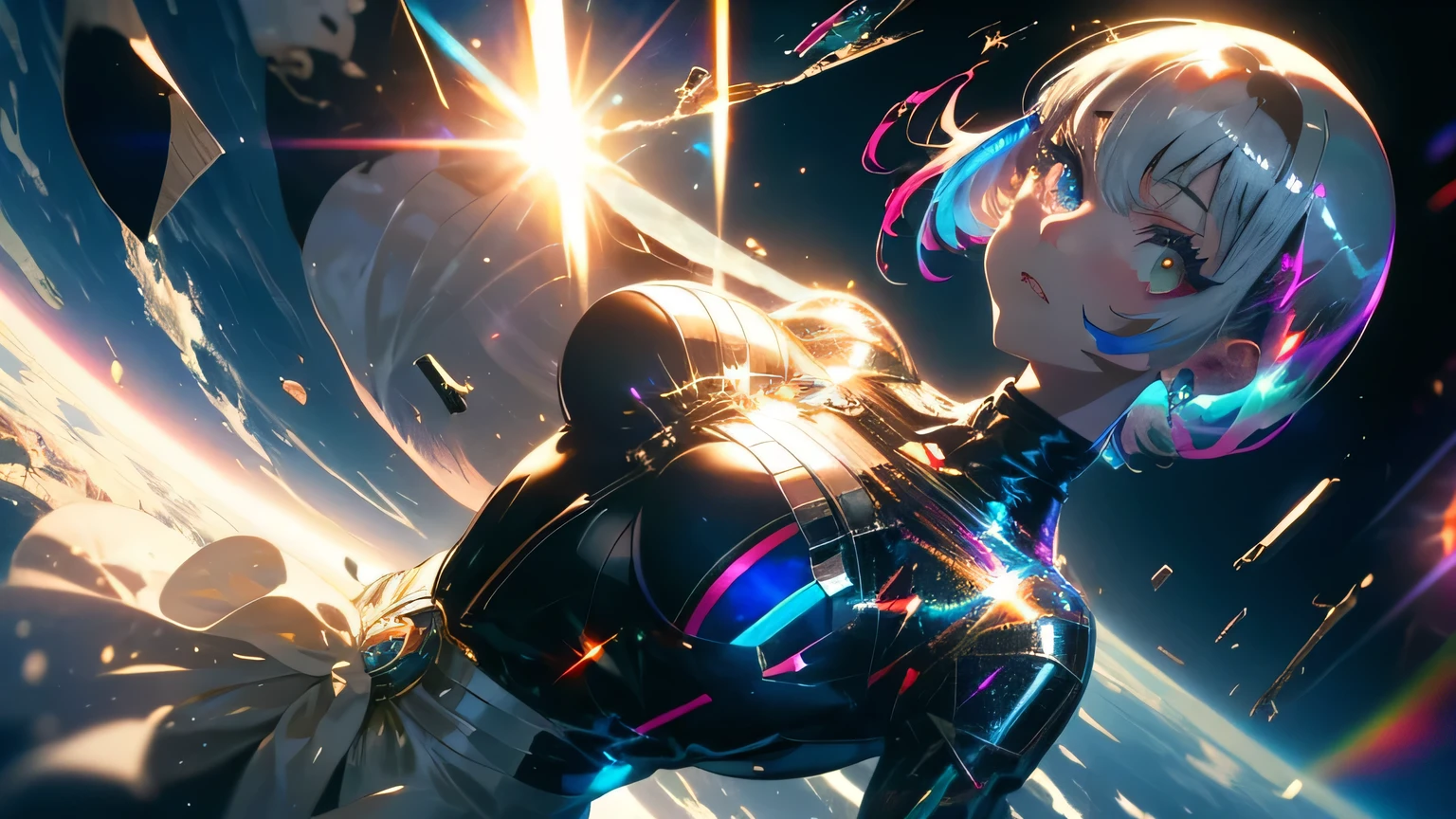 anime wallpapers of a girl (woman, heterochromia eyes, Perfect female figure), ((hairstyle on:buzzcut,A dark-haired,Hair that shines when it catches the light)), lensflare, Dramatic makeup, smiling elegantly, Natural complexion,large full breasts,Diffuse reflection of light((colourfull:1.5)), background is a view of the space and stars, cosmic spaces.wide angle