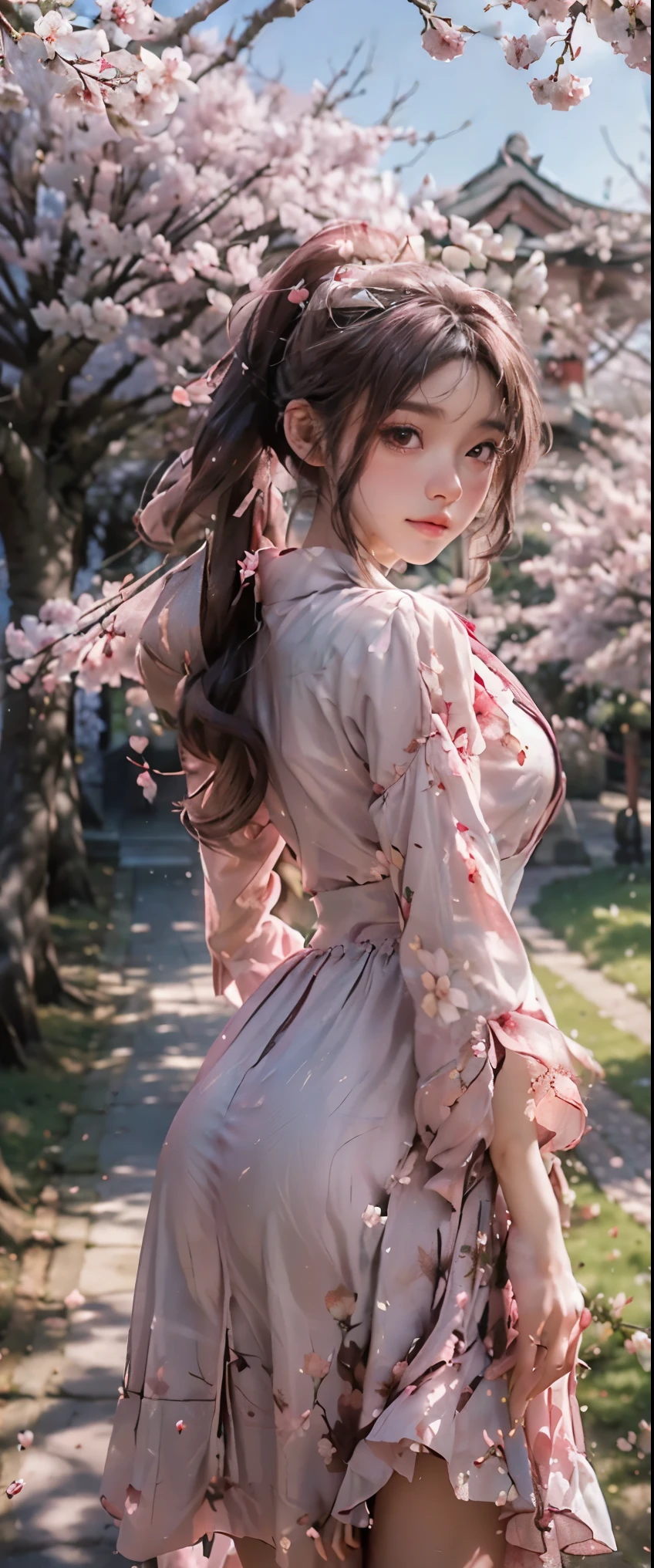 masterpiece、highest quality、High resolution、photorealistic、High resolution、Raw photo、(Around 50 pink flowers blooming on a tree with the shrines torii gate in the background, Cherry Blossoms in the wind, background Cherry tree, background Cherry tree, Cherry Blossom, Cherry Blossoms, Cherry Blossom tree, Cherry Blossom falling, Cherry tree, Cherry tree, Cherry Blossom trees, sakura bloomimg, Cherry Blossom rain everywhere)、((1girl, Back view of a young woman standing under a cherry tree, ponytail, shiny skin, realistic skin texture, She is wearing a white dress, correct hands and fingers, big breasts, big ass)), ((long sleeve, long skirt, See-through dresses, Hair accessories))、