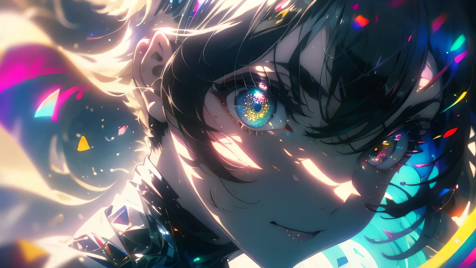 anime wallpapers of a girl (woman, heterochromia eyes, Perfect female figure), ((hairstyle on:buzzcut,A dark-haired,Hair that shines when it catches the light)), lensflare, Dramatic makeup, smiling elegantly, Natural complexion,large full breasts,Diffuse reflection of light((colourfull:1.5)), wide angle