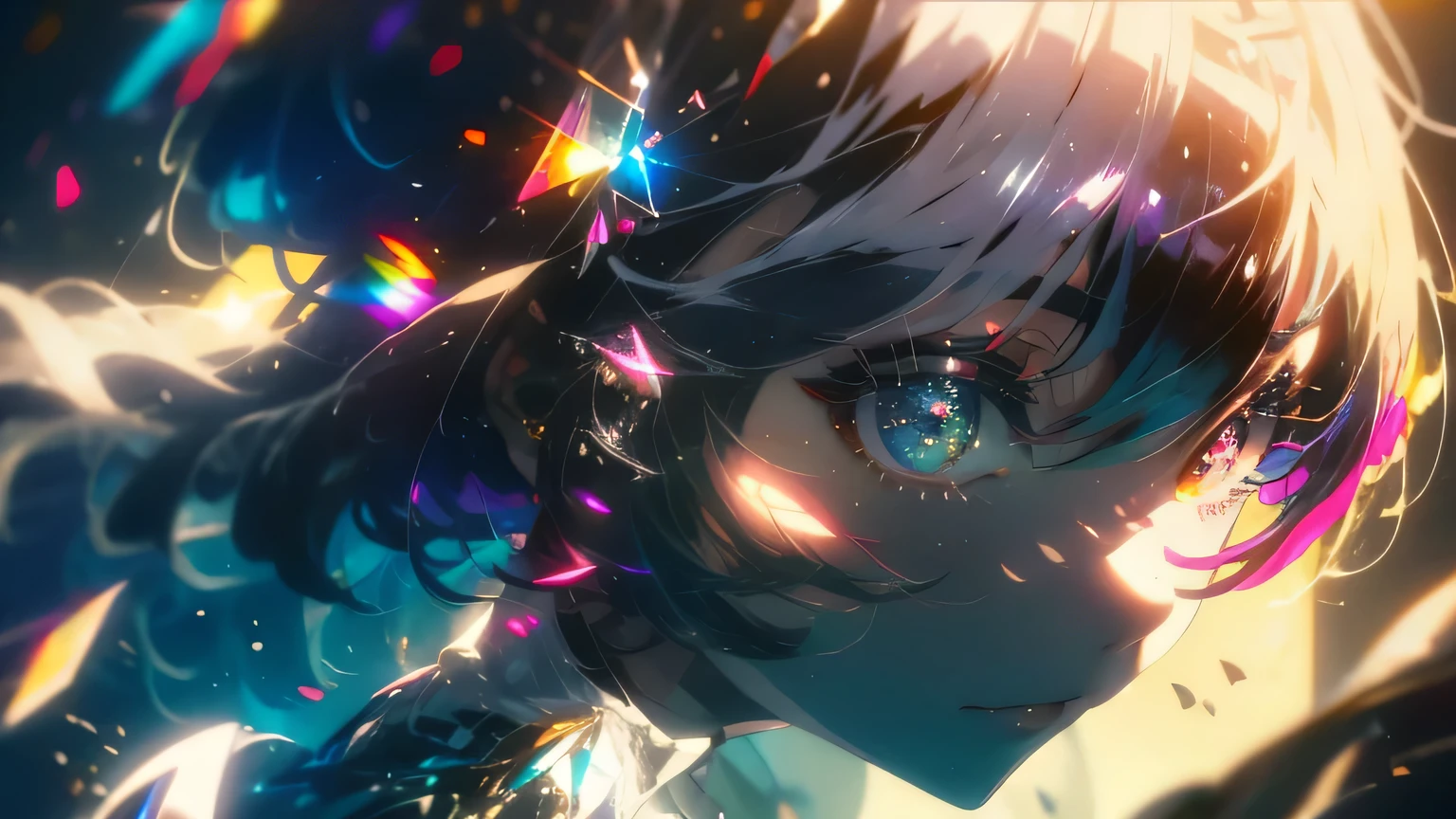 anime wallpapers of a girl (woman, heterochromia eyes, Perfect female figure), ((hairstyle on:buzzcut,A dark-haired,Hair that shines when it catches the light)), lensflare, Dramatic makeup, smiling elegantly, Natural complexion,large full breasts,Diffuse reflection of light((colourfull:1.5)), wide angle