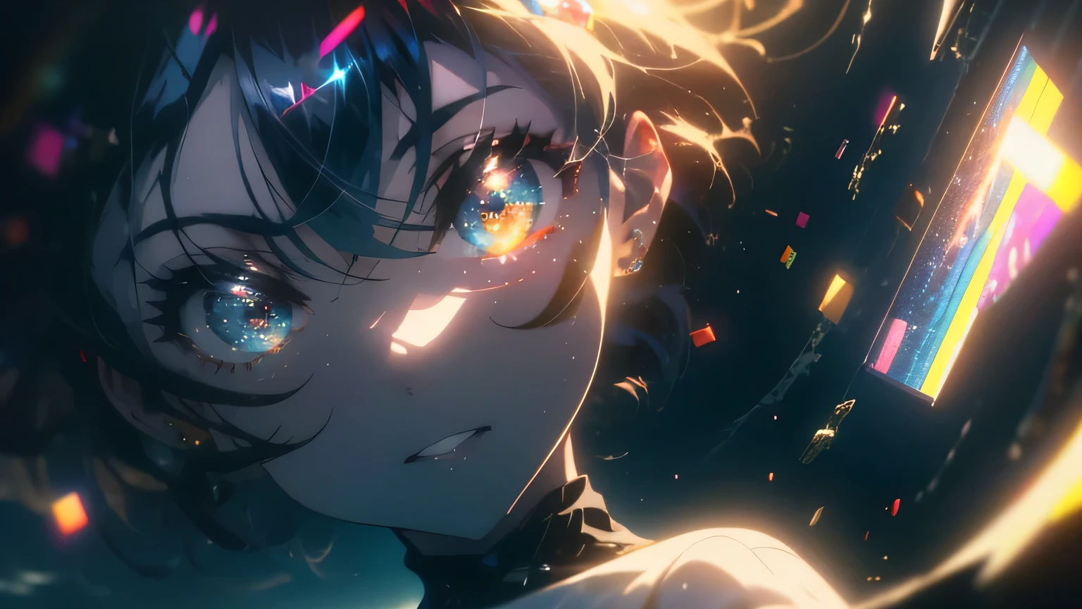 anime wallpapers of a girl (woman, heterochromia eyes，dark blue hair , Perfect female figure, shy smile face), ((hairstyle on:buzzcut,A dark-haired,Hair that shines when it catches the light)),lensflare,Dramatic makeup,smiling elegantly,Natural complexion,large full breasts,Diffuse reflection of light((colourfull:1.5)),  looking at a view of the space and stars, cosmic spaces. by makoto shinkai, anime art wallpaper 4 k, anime art wallpaper 4k, anime art wallpaper 8 k, anime space, amazing wallpaper, anime wallpaper 4 k, anime wallpaper 4k, 4k anime wallpaper, makoto shinkai cyril rolando, anime background art, wide angle