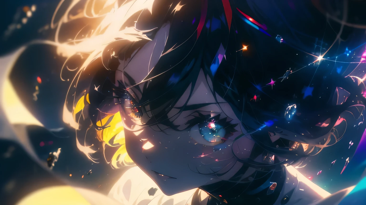 anime wallpapers of a girl (woman, heterochromia eyes,dark blue hair , Perfect female figure, shy smile face), ((hairstyle on:buzzcut,A dark-haired,Hair that shines when it catches the light)),lensflare,Dramatic makeup,smiling elegantly,Natural complexion,large full breasts,Diffuse reflection of light((colourfull:1.5)), looking at a view of the space and stars, cosmic spaces. by makoto shinkai, anime art wallpaper 4 k, anime art wallpaper 4k, anime art wallpaper 8 k, anime space, amazing wallpaper, anime wallpaper 4 k, anime wallpaper 4k, 4k anime wallpaper, makoto shinkai cyril rolando, anime background art, wide angle