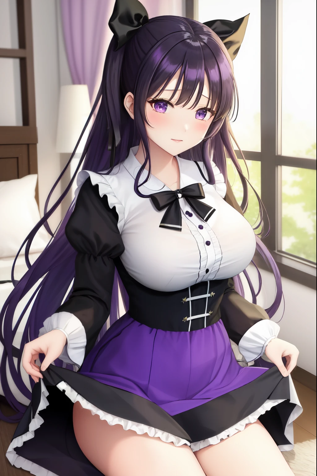 (masterpiece, best quality:1.2), murasaki (senran kagura), 1girl, dress, long hair, purple hair, purple eyes, breasts, hair ribbon, skirt hold, black dress, ribbon, large breasts, very long hair, frills, black ribbon, long sleeves, solo, stuffed toy, brooch, frilled dress, bangs, ascot, stuffed animal, floating hair, long dress, hair between eyes, jewelry, gem, puffy sleeves