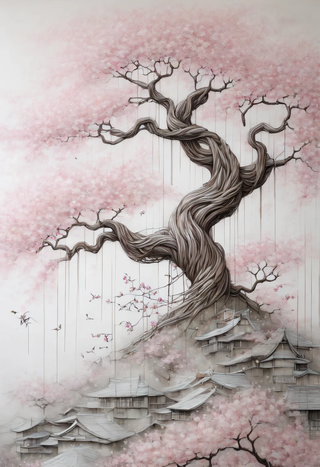 modern Art, Vanguard, surrealism, connecting the incongruous, a blooming sakura tree intricately intertwines its branches and forms a distinct image (Sakura Girl:1.3050), very beautiful picture, combining various drawing techniques, Ultra-fine lines and crisp details create the illusion of a three-dimensional image, and the play of light and shadow creates a feeling of living space in the picture, lighting from different sides creates additional illusions, shadows create the illusion of a double image, the interweaving of fine lines creates unimaginable depth and a feeling of endless space, made in oil and acrylic in combination with pastel and graphite., drawing on rough crumpled craft paper, Do it, Bridget Bate Tichenor, Gertrude Abercrombie, Joan Miro, Masterpiece, Master&#39;s work, worthy of an award