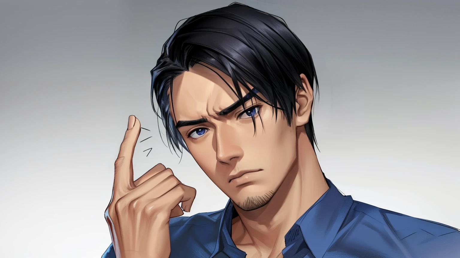 Asian man in a blue shirt holding his head with his hands, handsome stunning realistic, expression, frustrated detailed, dramatic thinking pose, thinking pose, confused facial expression, maxwell render, pouty look :: octane render, detailed image, human face realistic, confused expression, detailed realistic expressions, androgynous male, frown fashion model