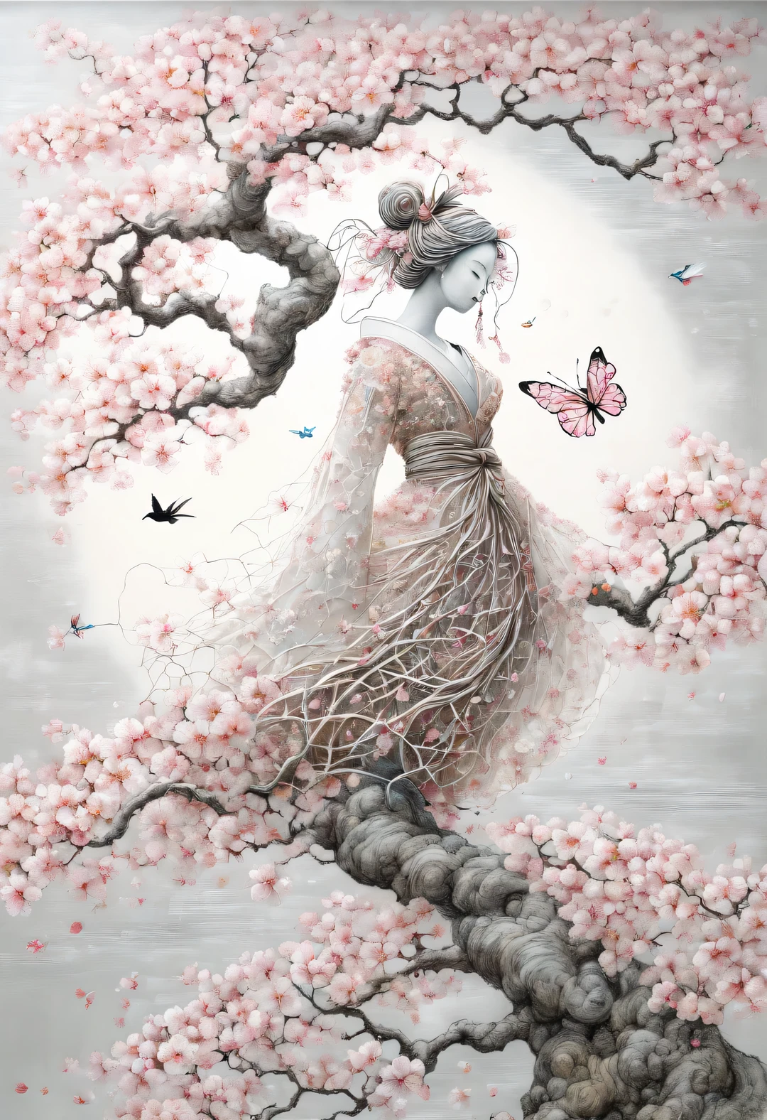 modern Art, Vanguard, surrealism, connecting the incongruous, a blooming sakura tree intricately intertwines its branches and forms a distinct image (Sakura Girl:1.3050), very beautiful picture, combining various drawing techniques, Ultra-fine lines and crisp details create the illusion of a three-dimensional image, and the play of light and shadow creates a feeling of living space in the picture, lighting from different sides creates additional illusions, shadows create the illusion of a double image, the interweaving of fine lines creates unimaginable depth and a feeling of endless space, made in oil and acrylic in combination with pastel and graphite., drawing on rough crumpled craft paper, Do it, Bridget Bate Tichenor, Gertrude Abercrombie, Joan Miro, Masterpiece, Master&#39;s work, worthy of an award