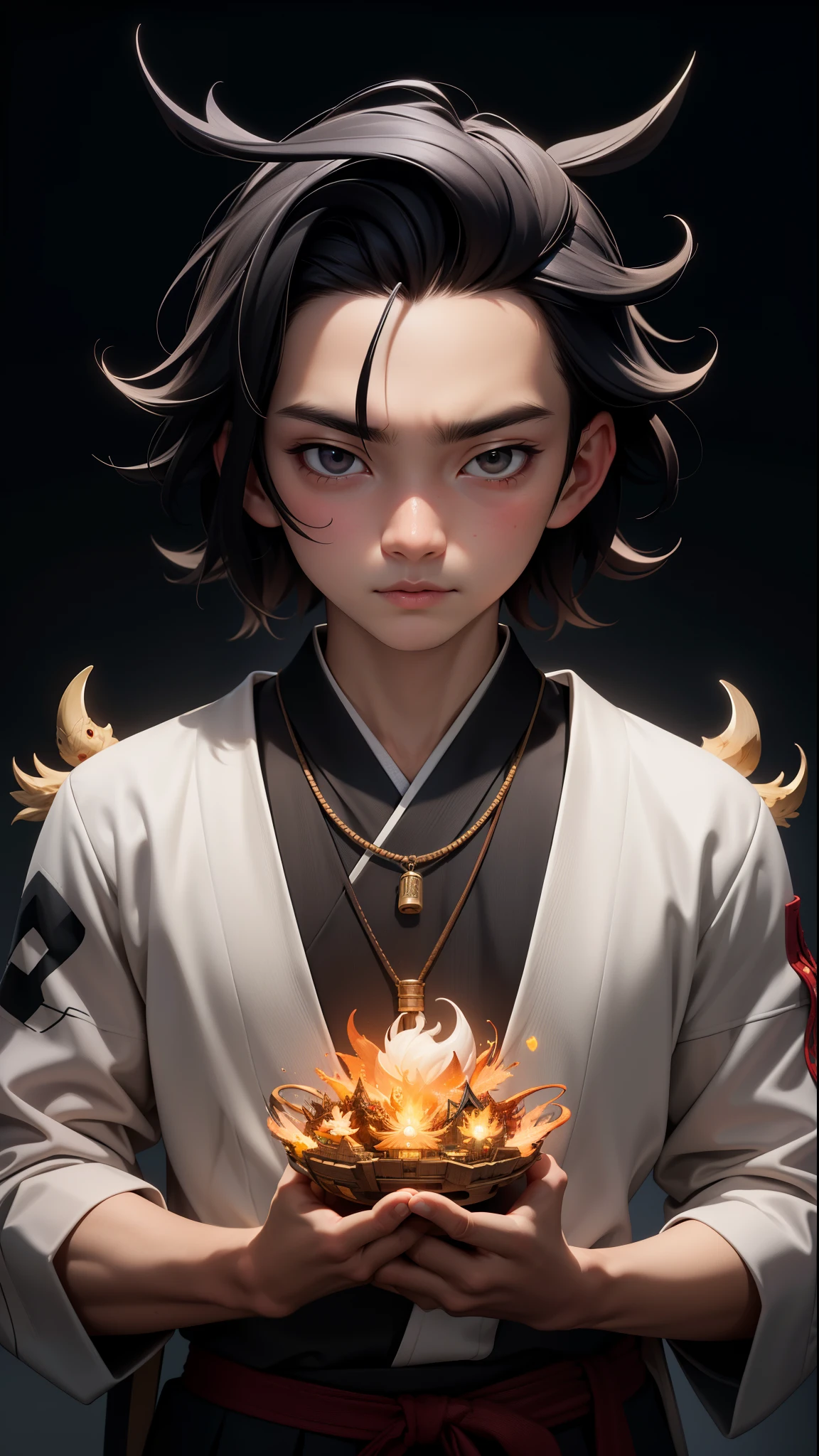 masterpiece,best quality,ultra high res,white skinned japan boy ,tanjiro kamado ,(fractal art:1.3),deep shadow,dark theme,fully clothed,necklace,forlorn