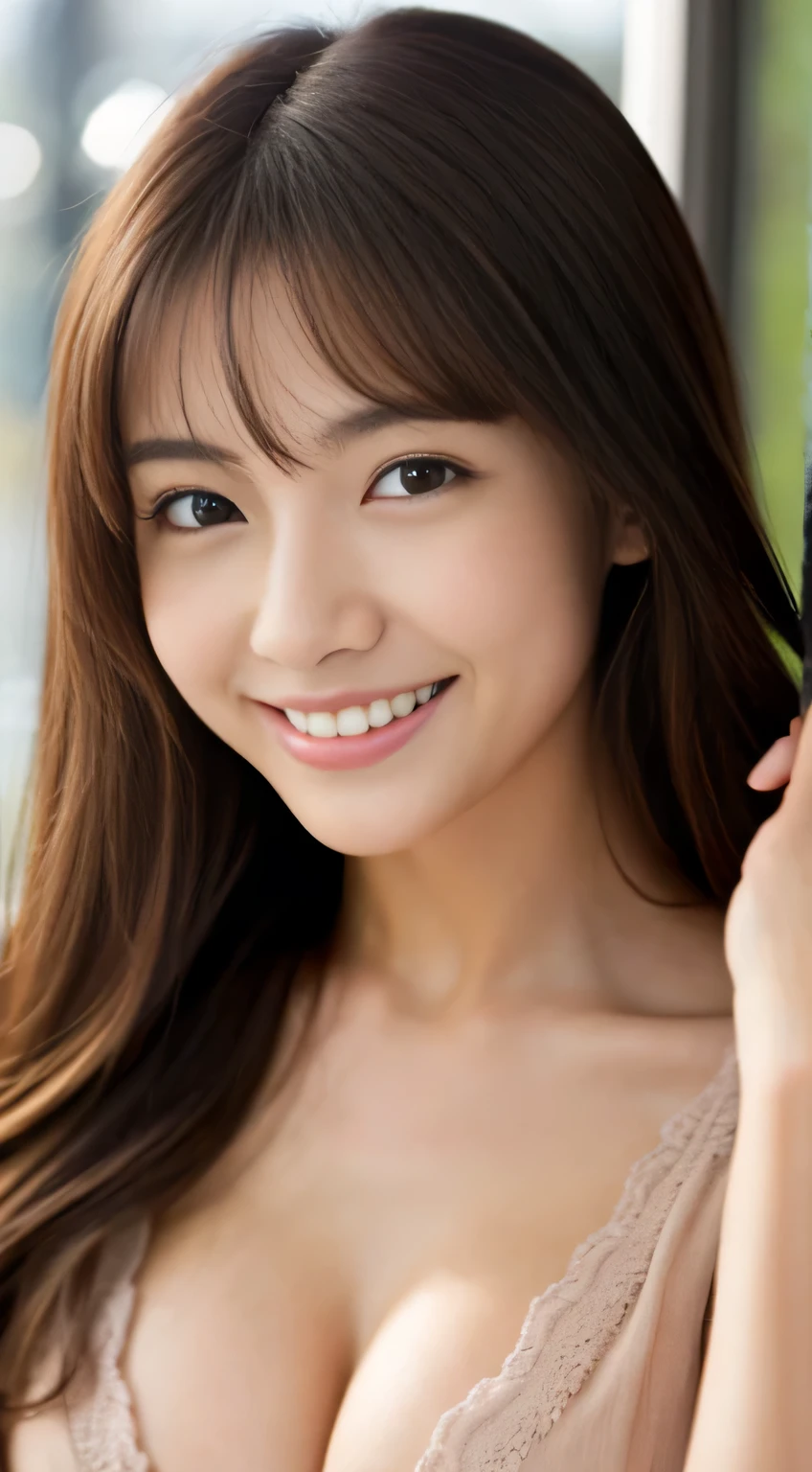 Japanese ),((beautiful girl)),cleavage,An expression that imagines something pleasant:1.2,(perfect body beauty:1.2),((perfect body)),(shy smile),beautiful teeth,