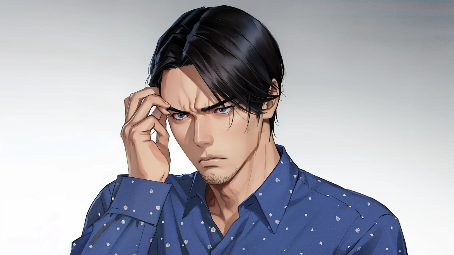 Asian man in a blue shirt holding his head with his hands, handsome stunning realistic, frustrated expression, frustrated detailed, dramatic thinking pose, thinking pose, confused facial expression, maxwell render, pouty look :: octane render, detailed image, human face realistic, confused expression, detailed realistic expressions, androgynous male, frown fashion model